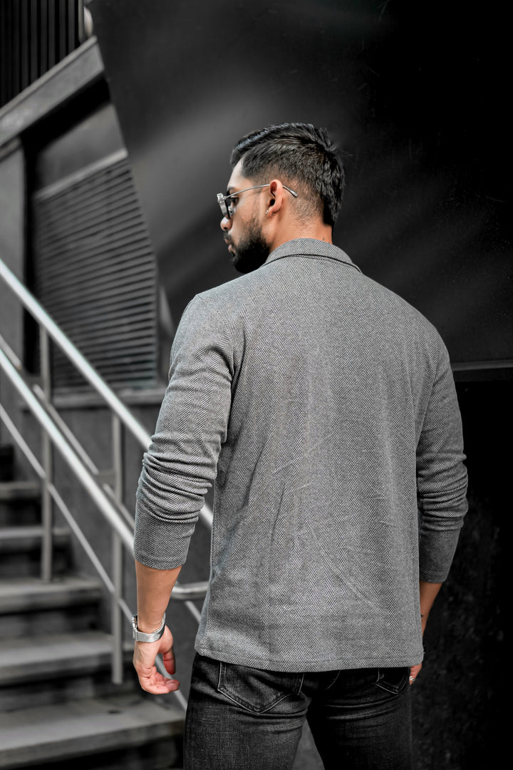 Dark Grey Self Design Zipper T-Shirt