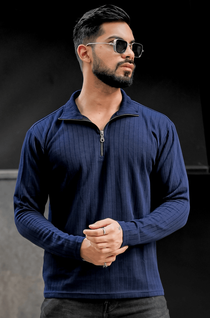 Deep Blue Self Design Zipper T-Shirt