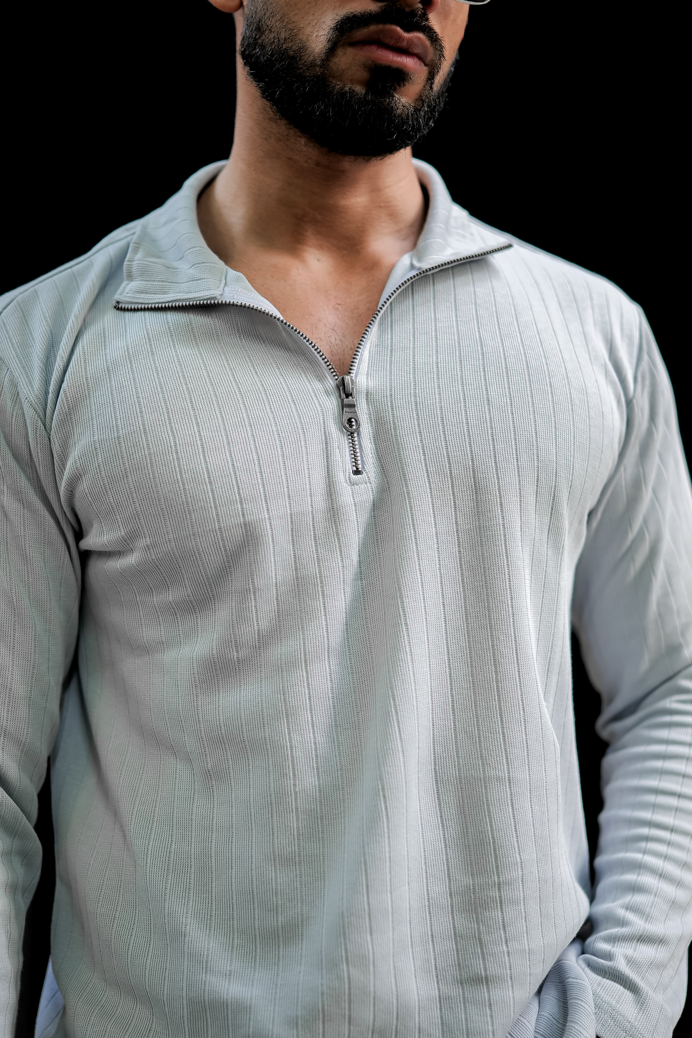 Grey Self Design Zipper T-Shirt