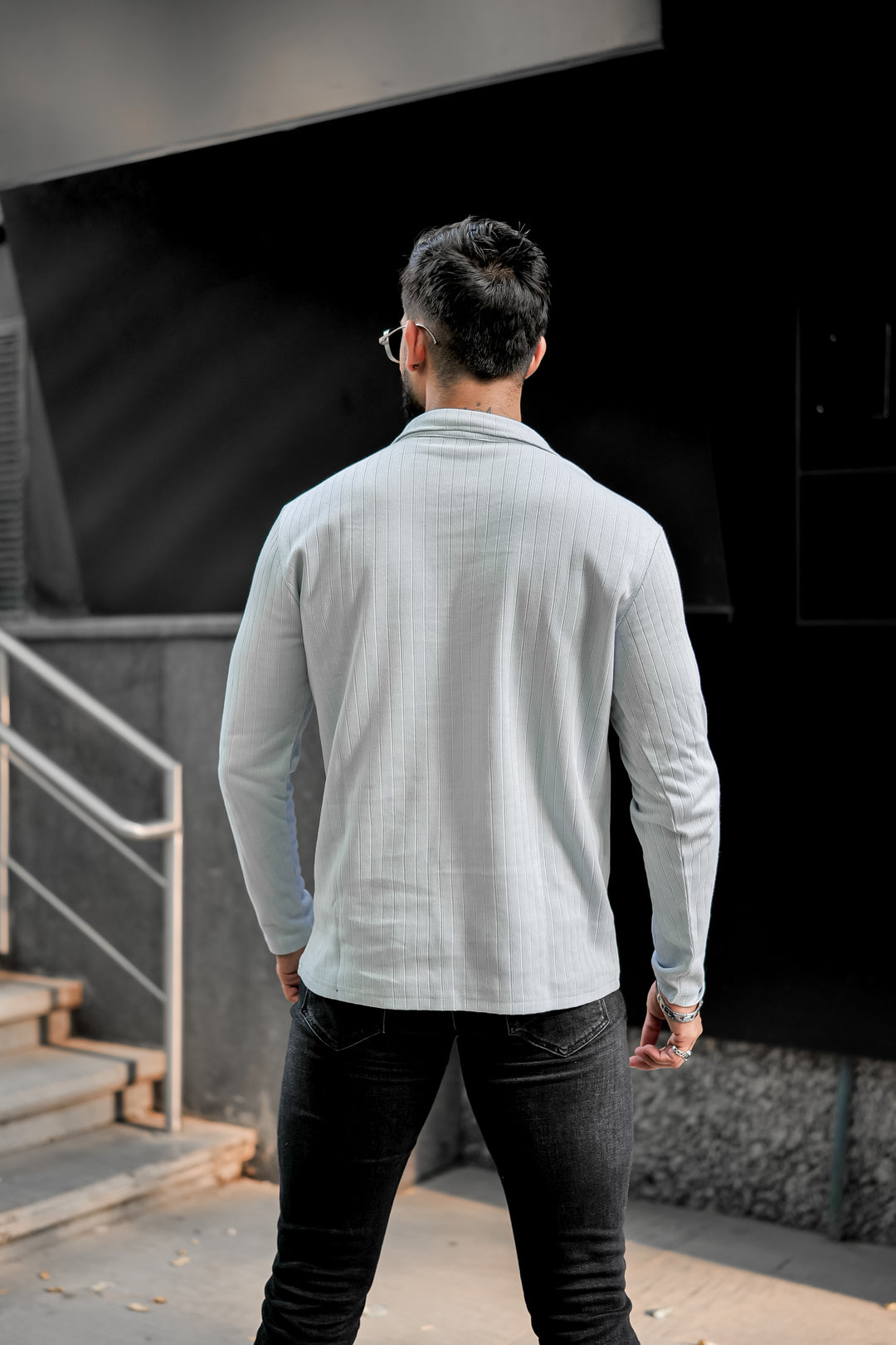 Grey Self Design Zipper T-Shirt