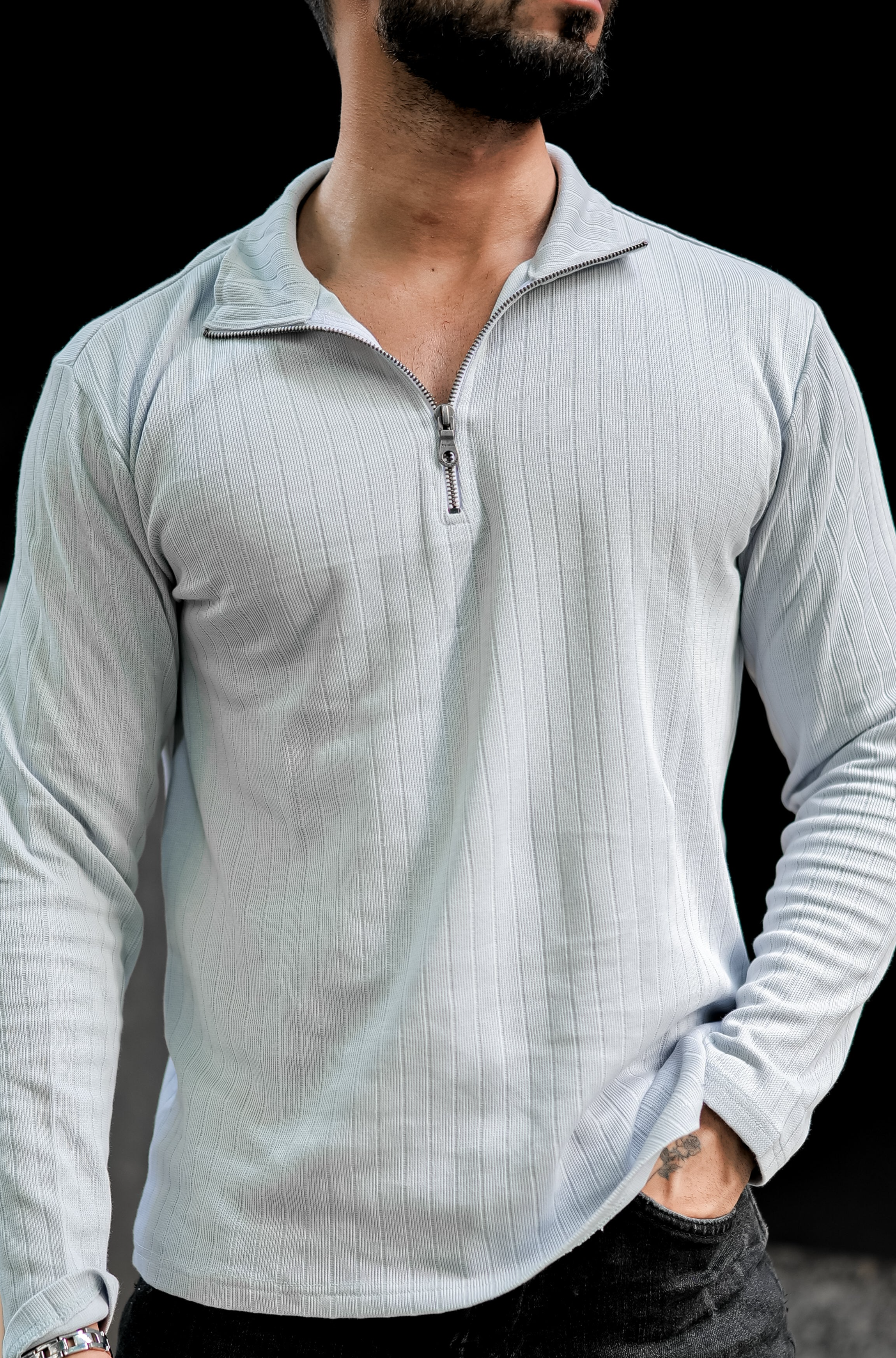 Grey Self Design Zipper T-Shirt