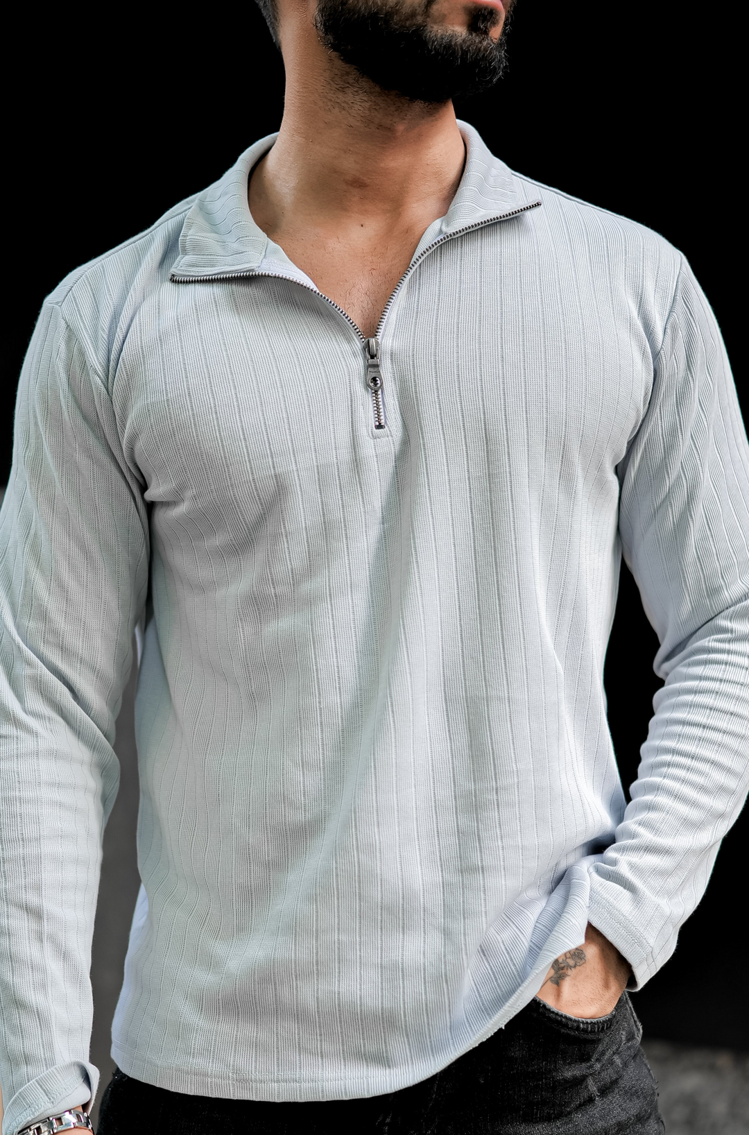 Grey Self Design Zipper T-Shirt