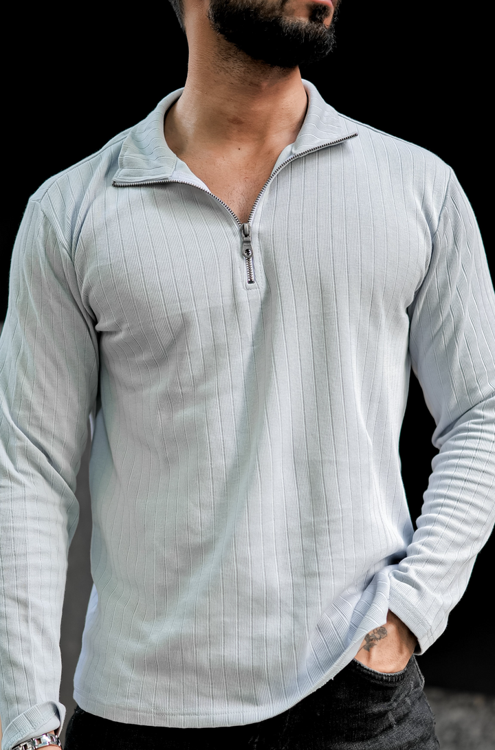 Grey Self Design Zipper T-Shirt