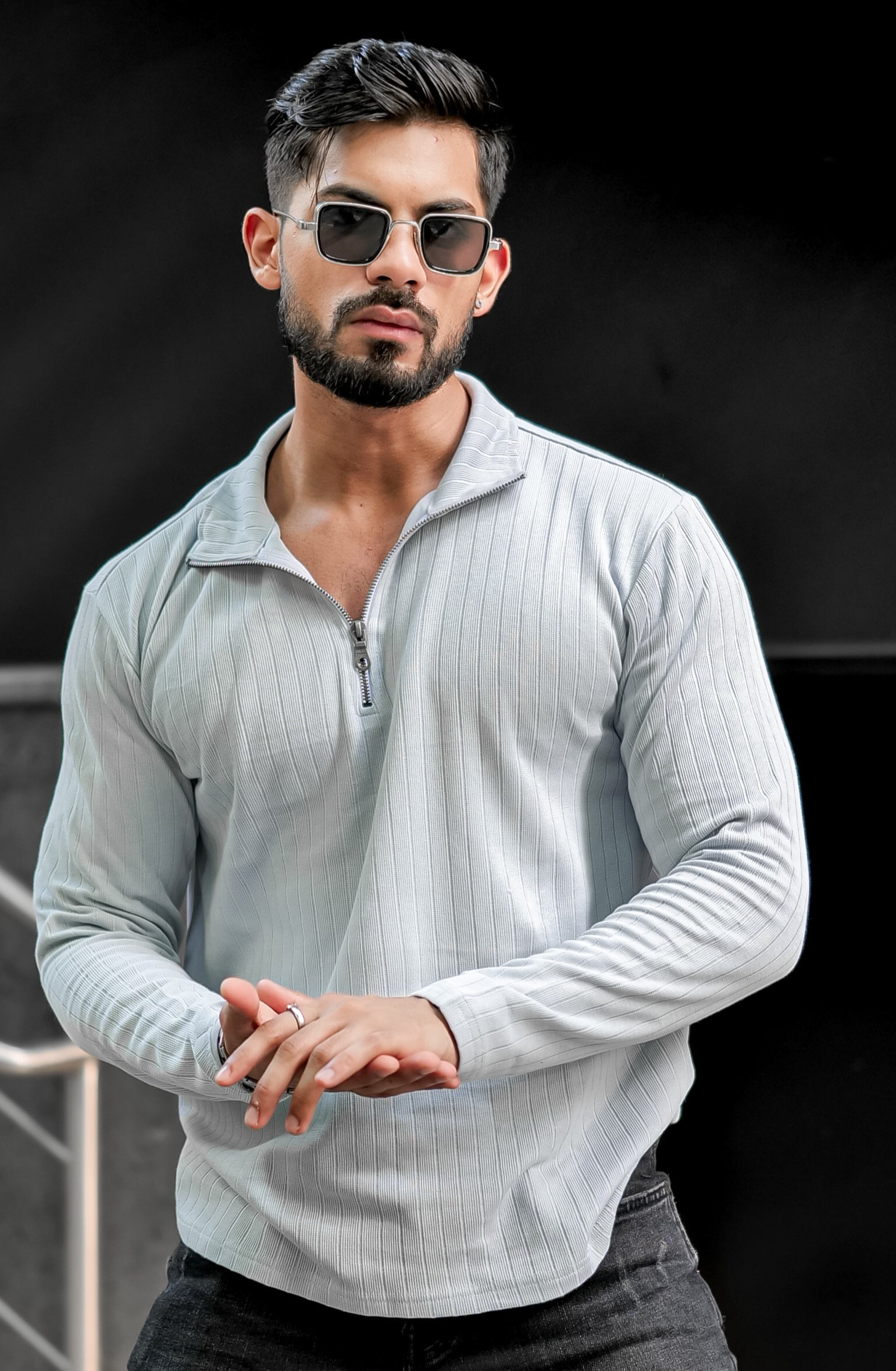 Grey Self Design Zipper T-Shirt
