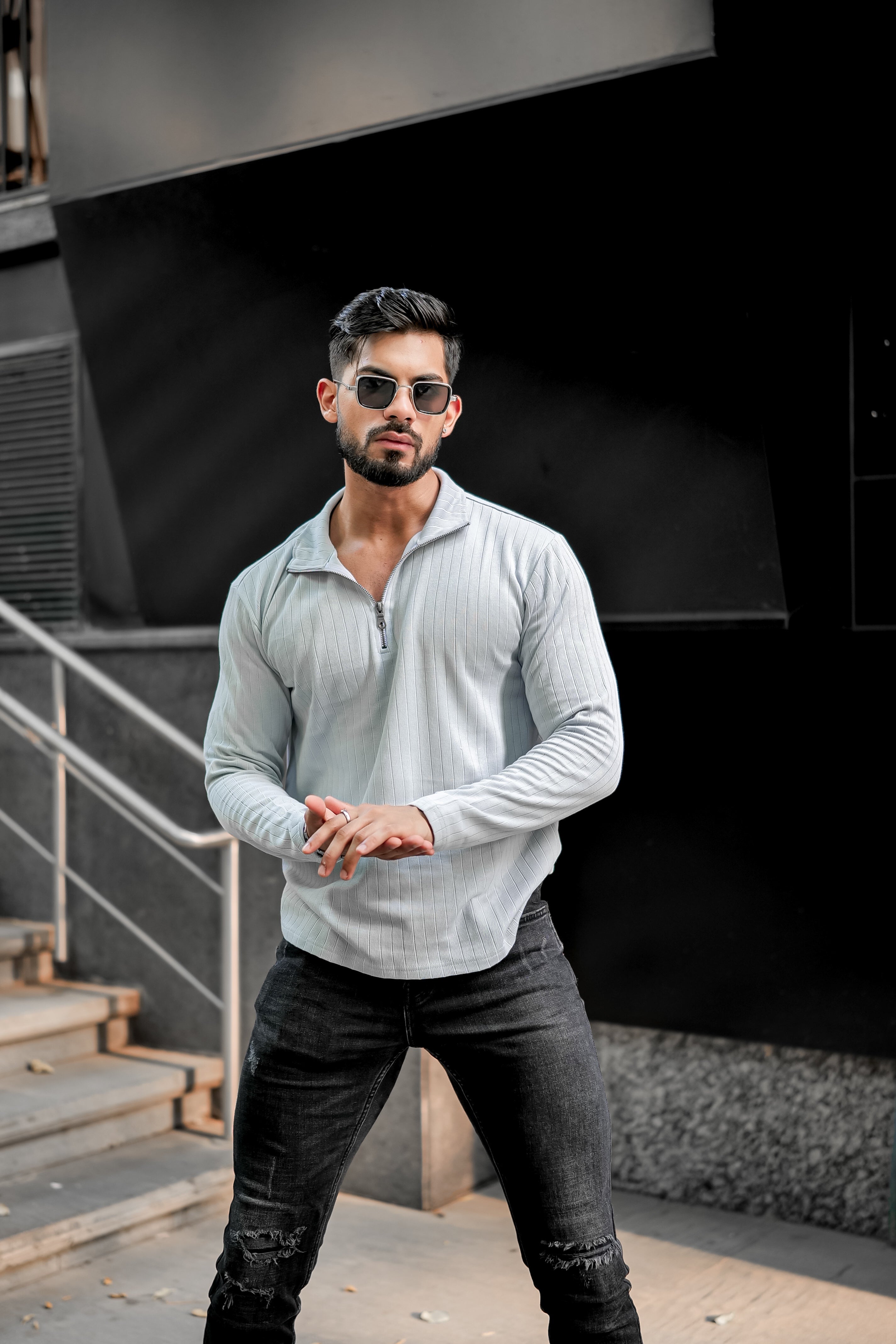 Grey Self Design Zipper T-Shirt