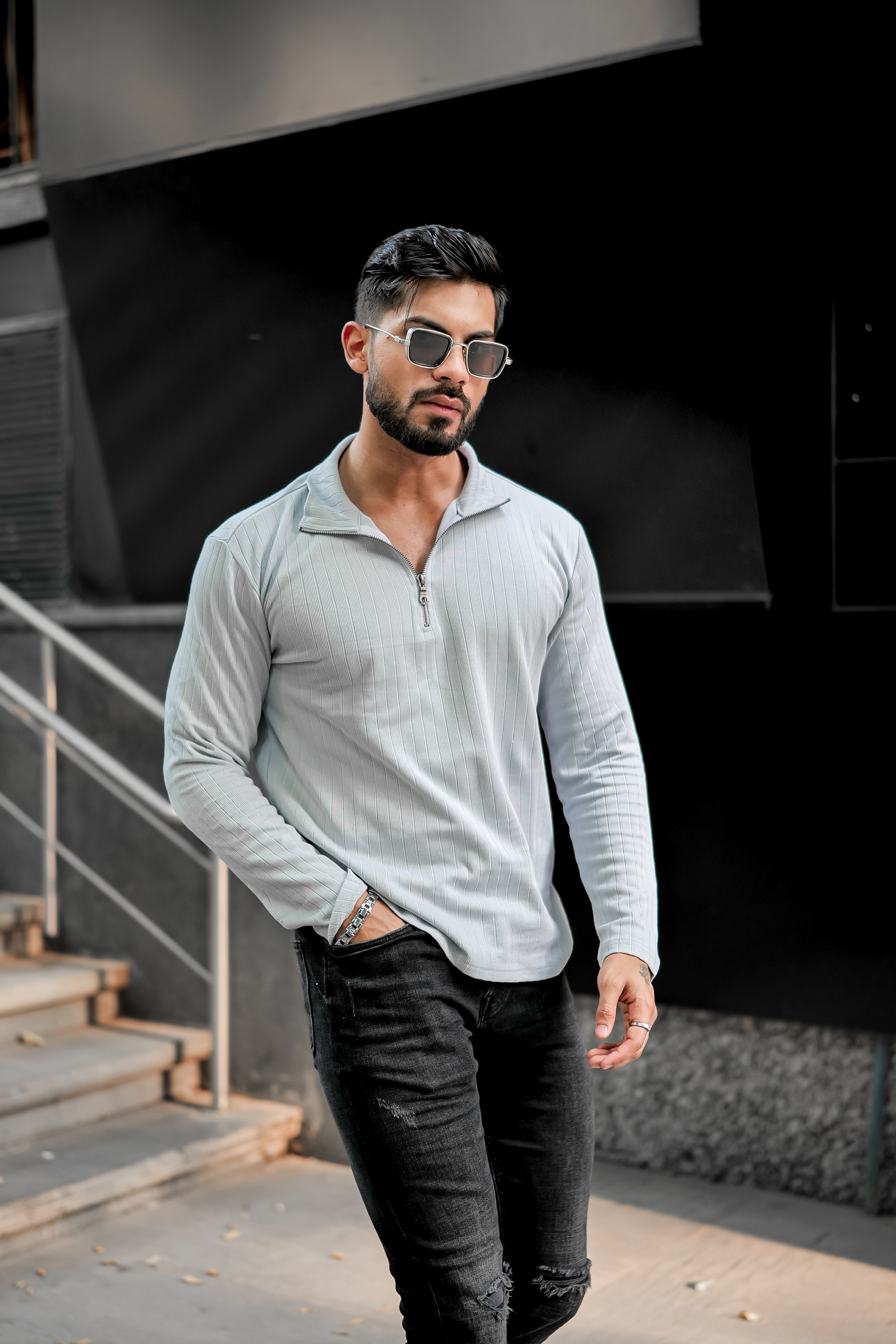 Grey Self Design Zipper T-Shirt