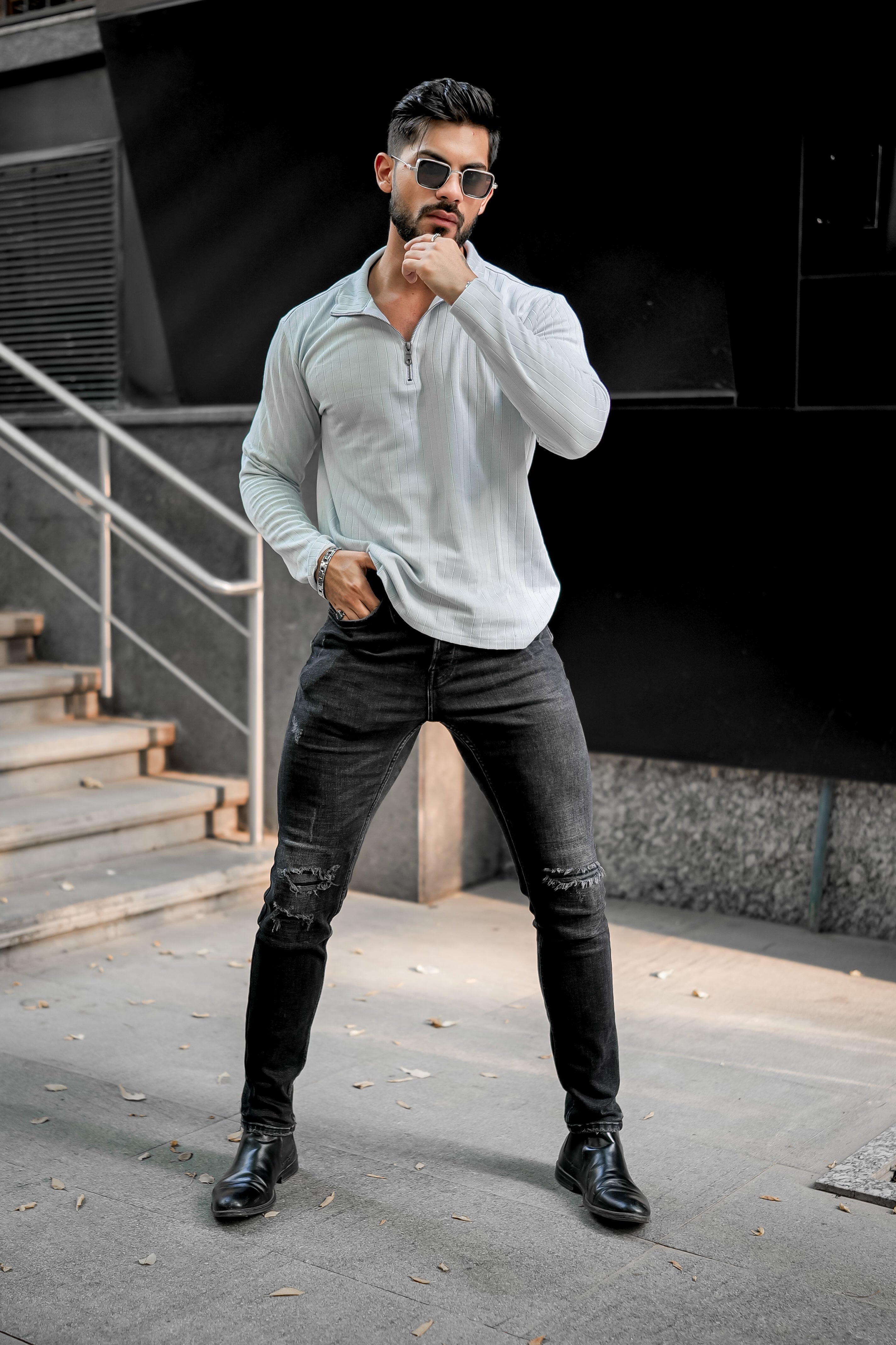 Grey Self Design Zipper T-Shirt