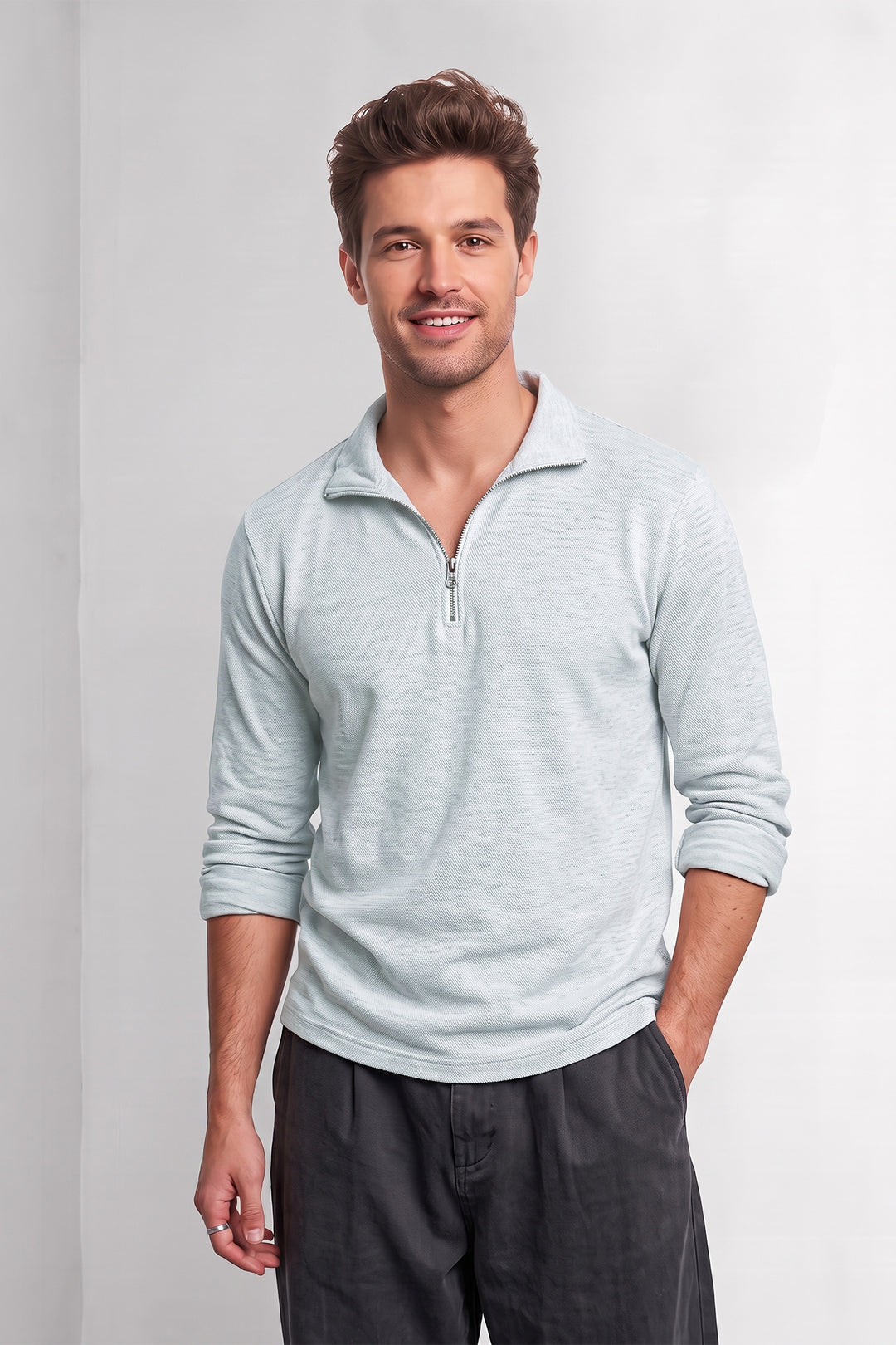 Gery Self Design Full Sleeve Zipper T-Shirt