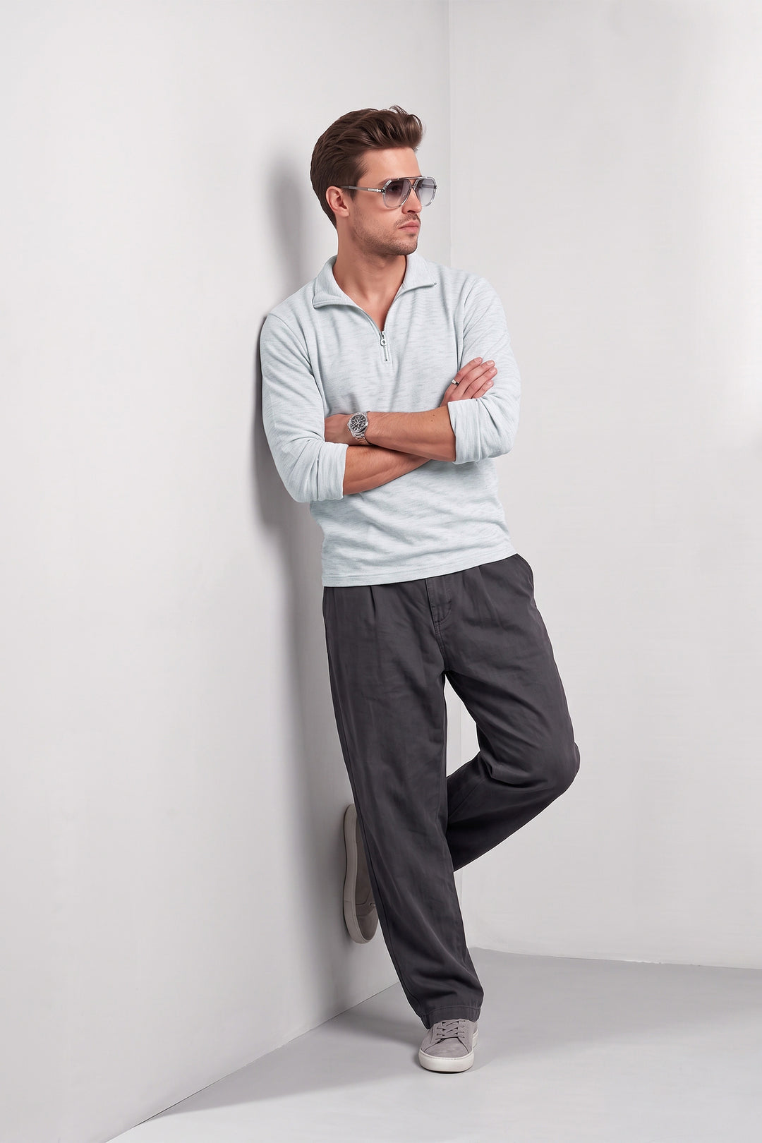 Gery Self Design Full Sleeve Zipper T-Shirt