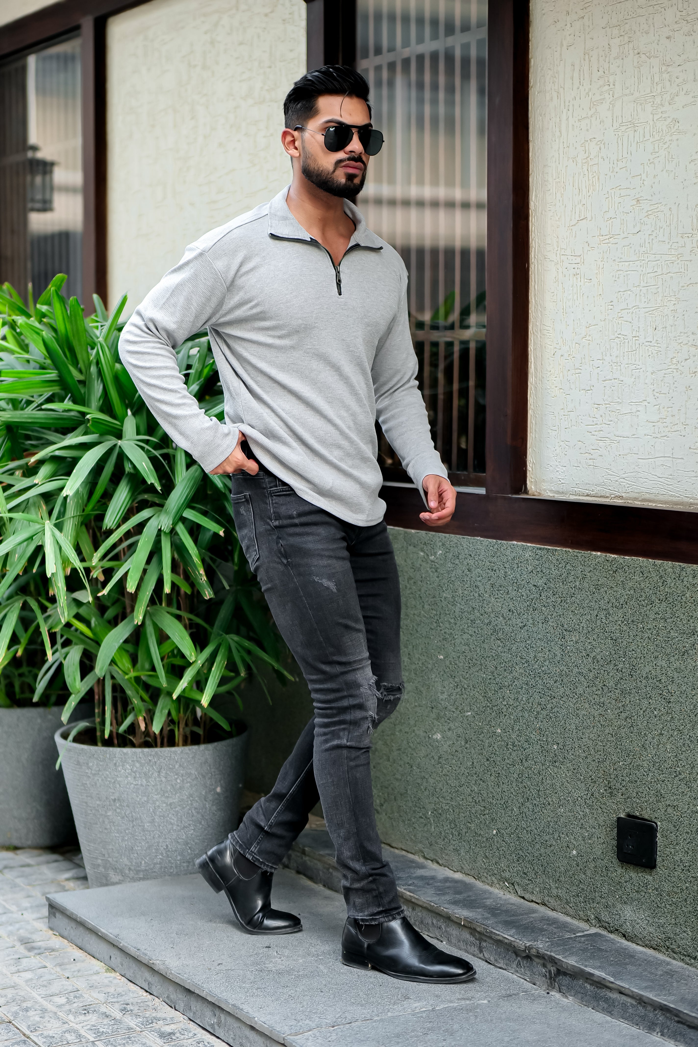 Grey Melange Waffle Self Design Zipper T-Shirt