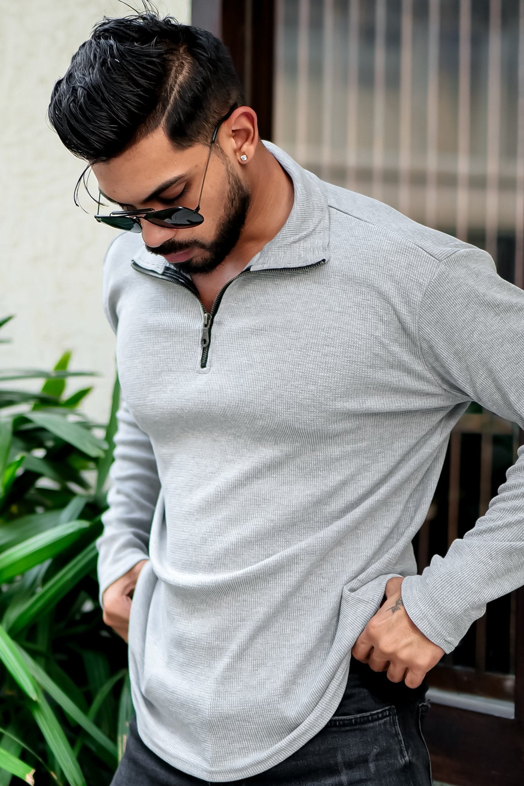 Grey Melange Waffle Self Design Zipper T-Shirt