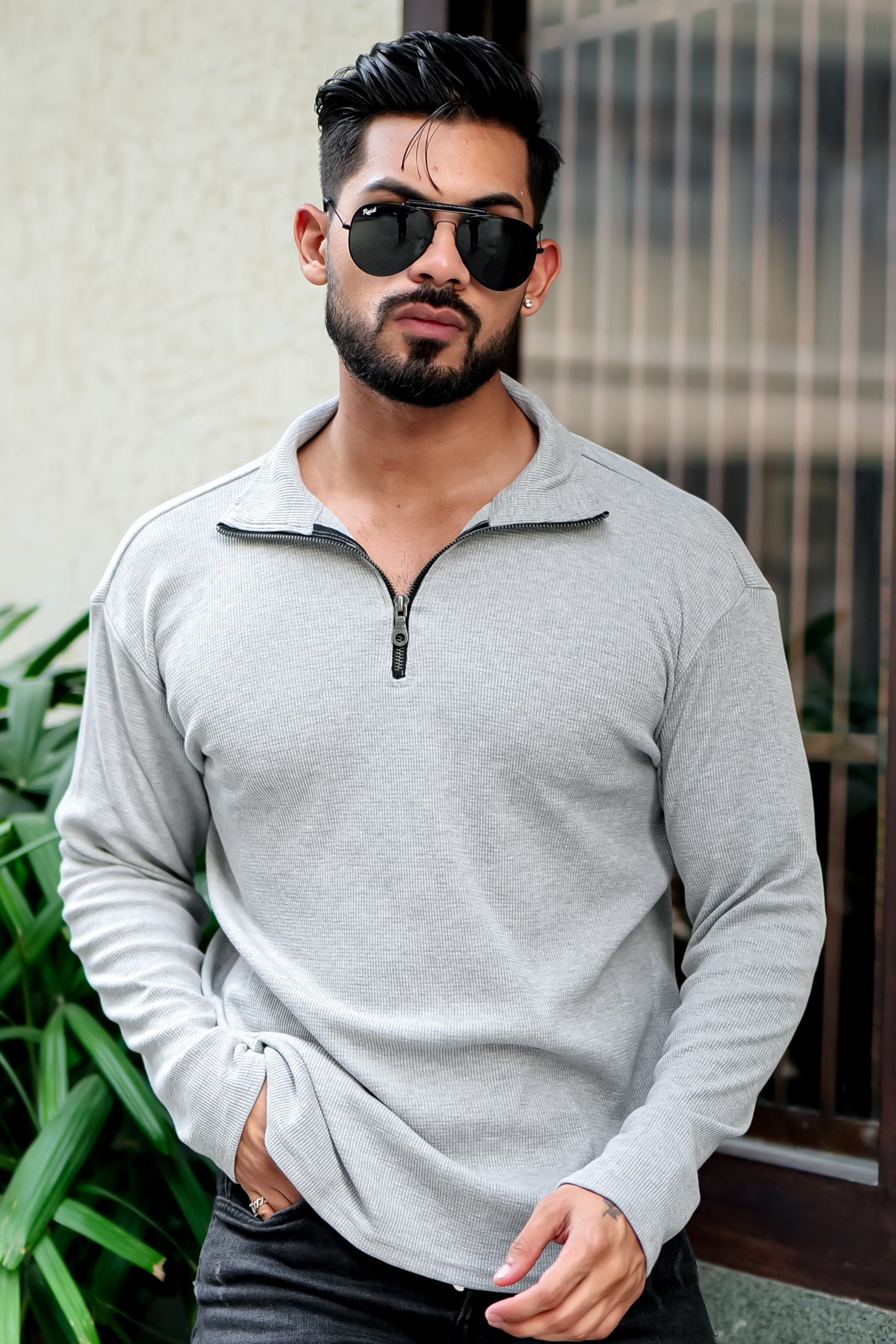 Grey Melange Waffle Self Design Zipper T-Shirt