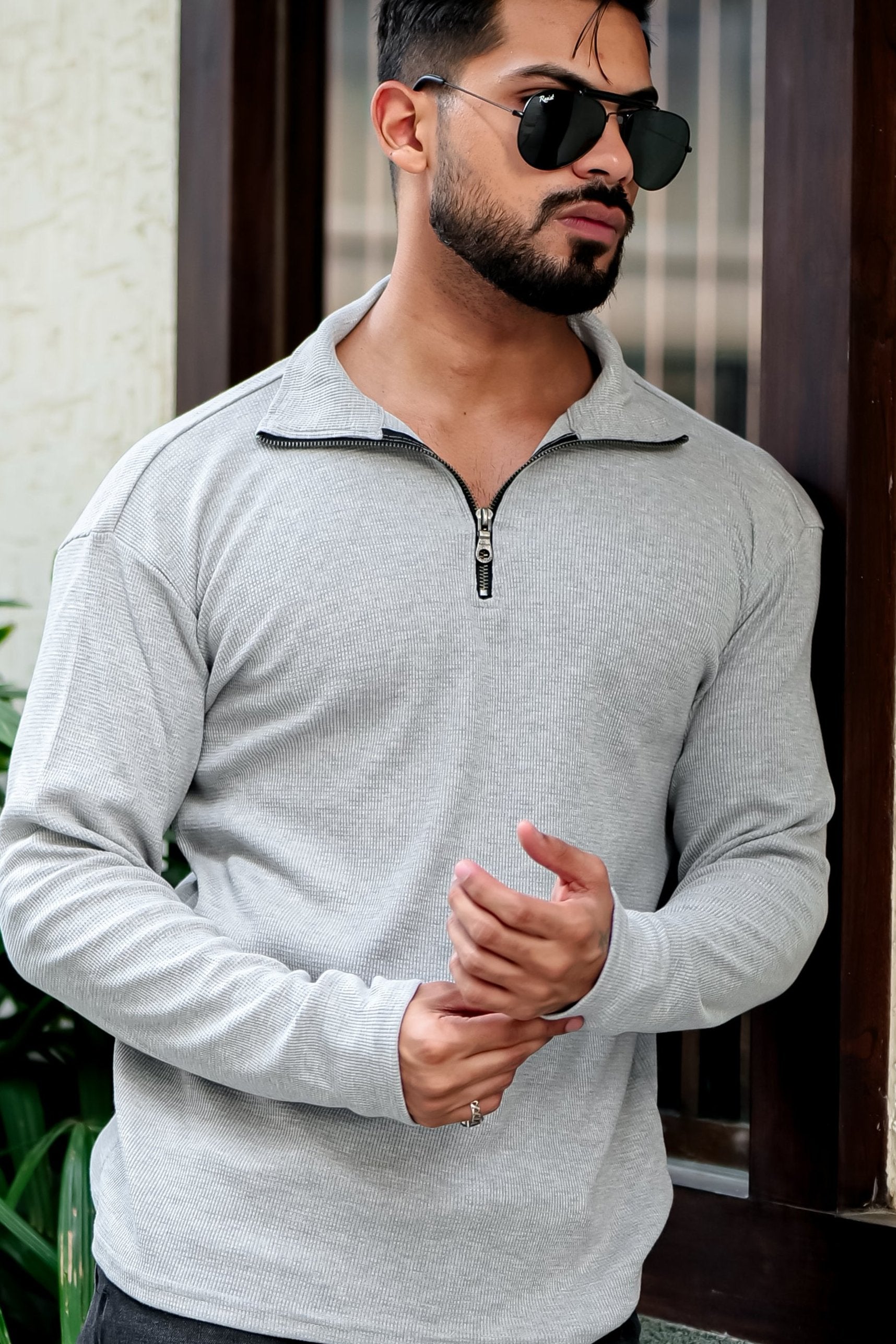 Grey Melange Waffle Self Design Zipper T-Shirt