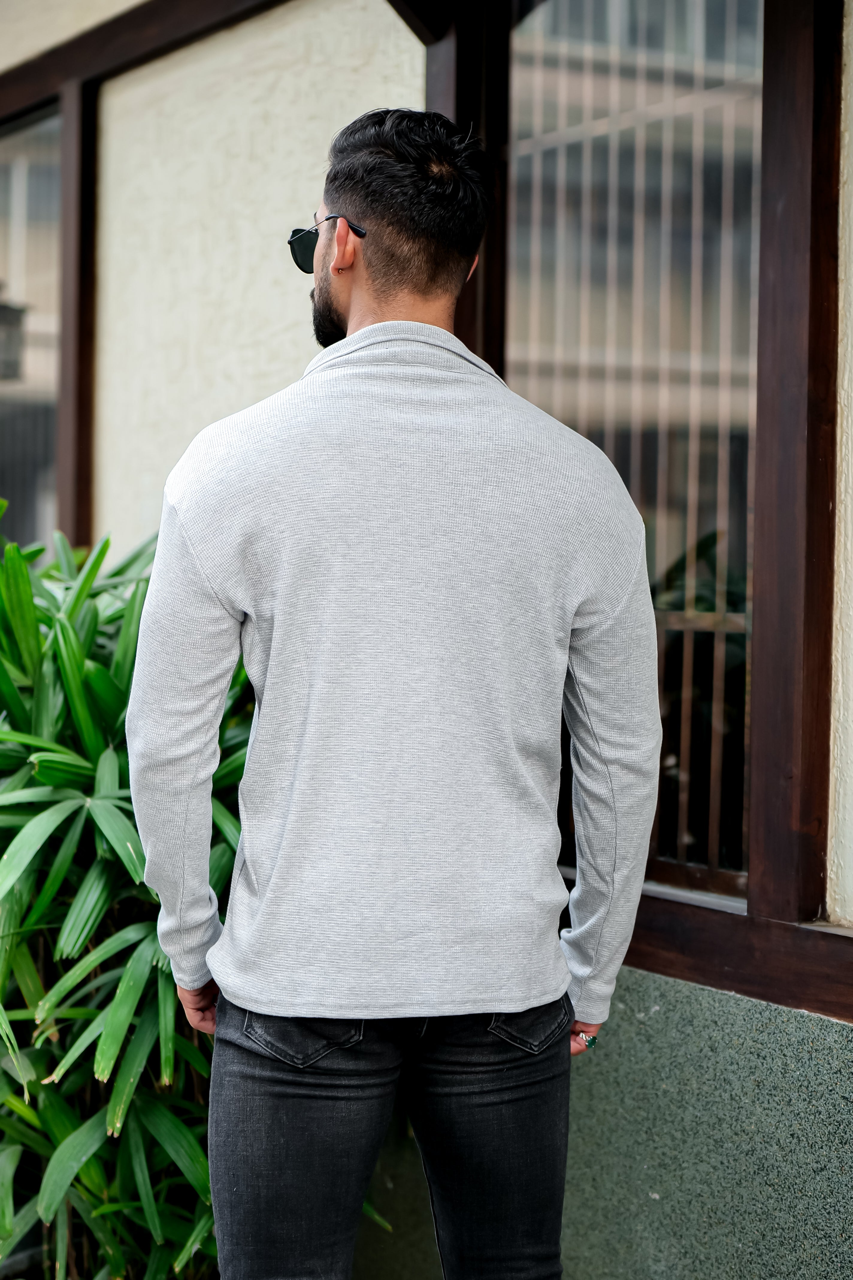Grey Melange Waffle Self Design Zipper T-Shirt