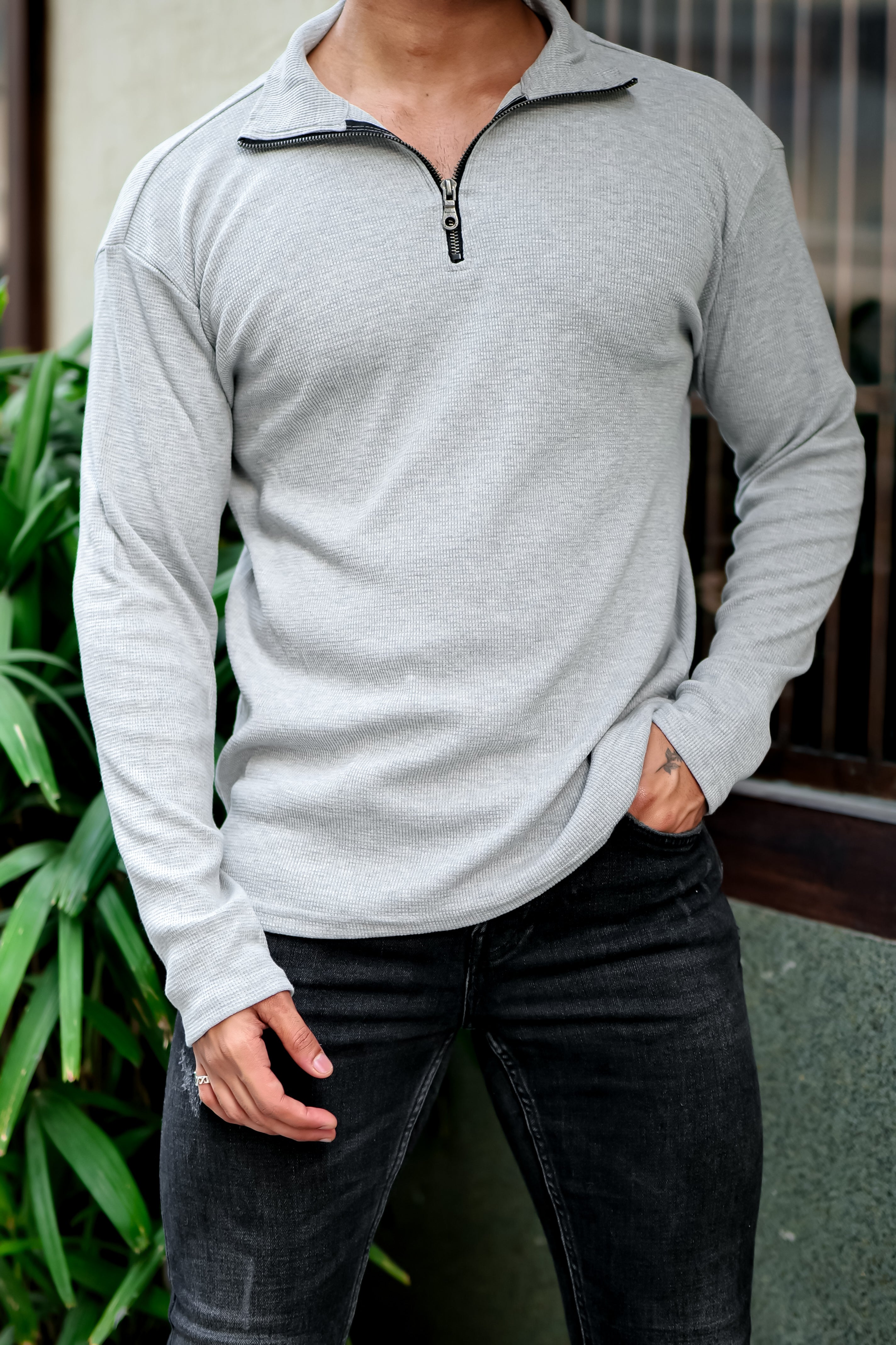 Grey Melange Waffle Self Design Zipper T-Shirt