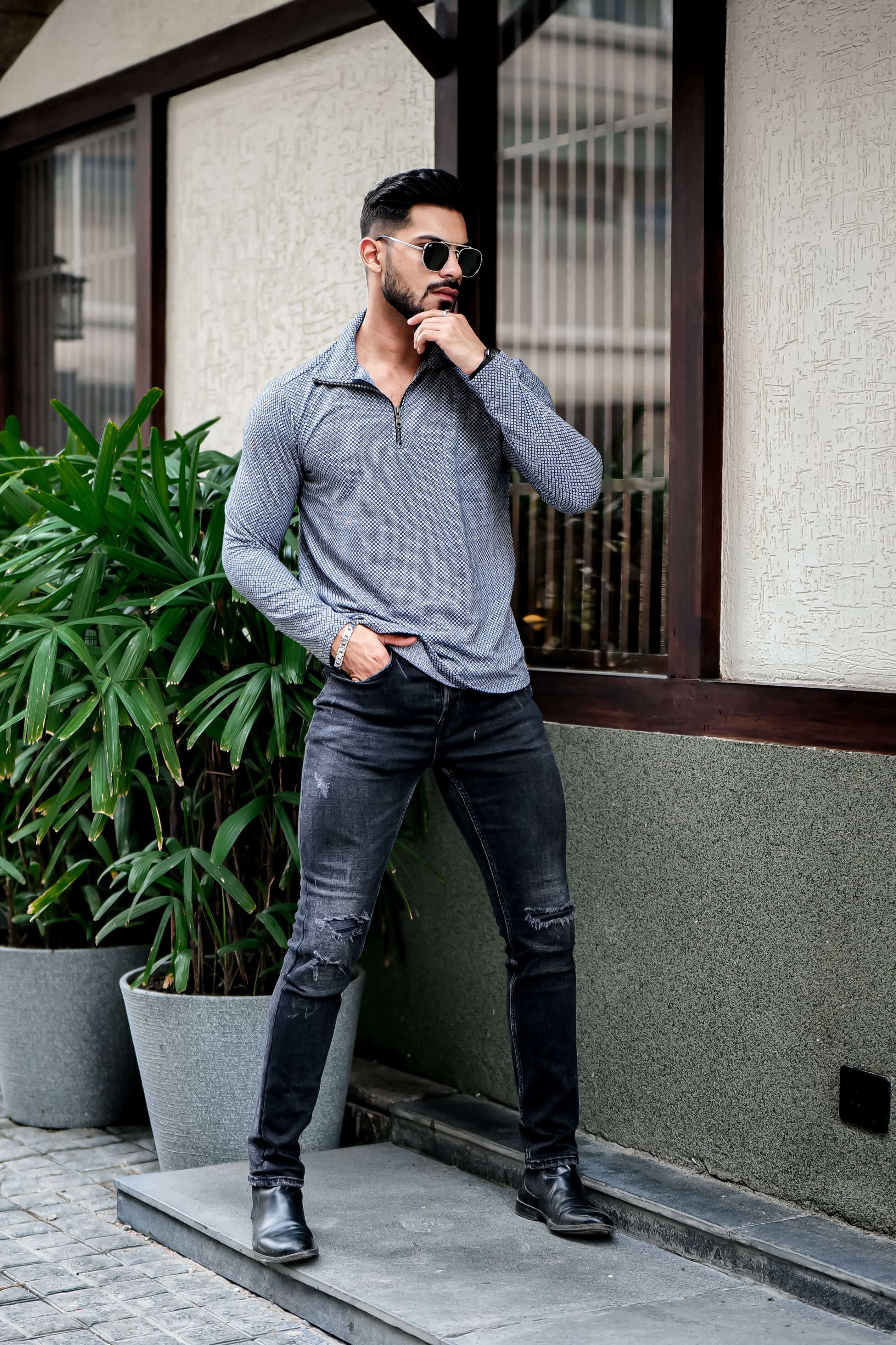 Dark Grey Self Design Zipper T-Shirt