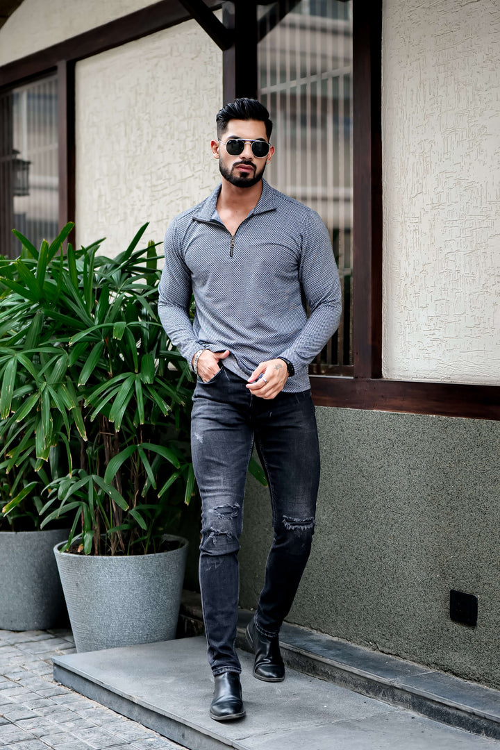 Dark Grey Self Design Zipper T-Shirt