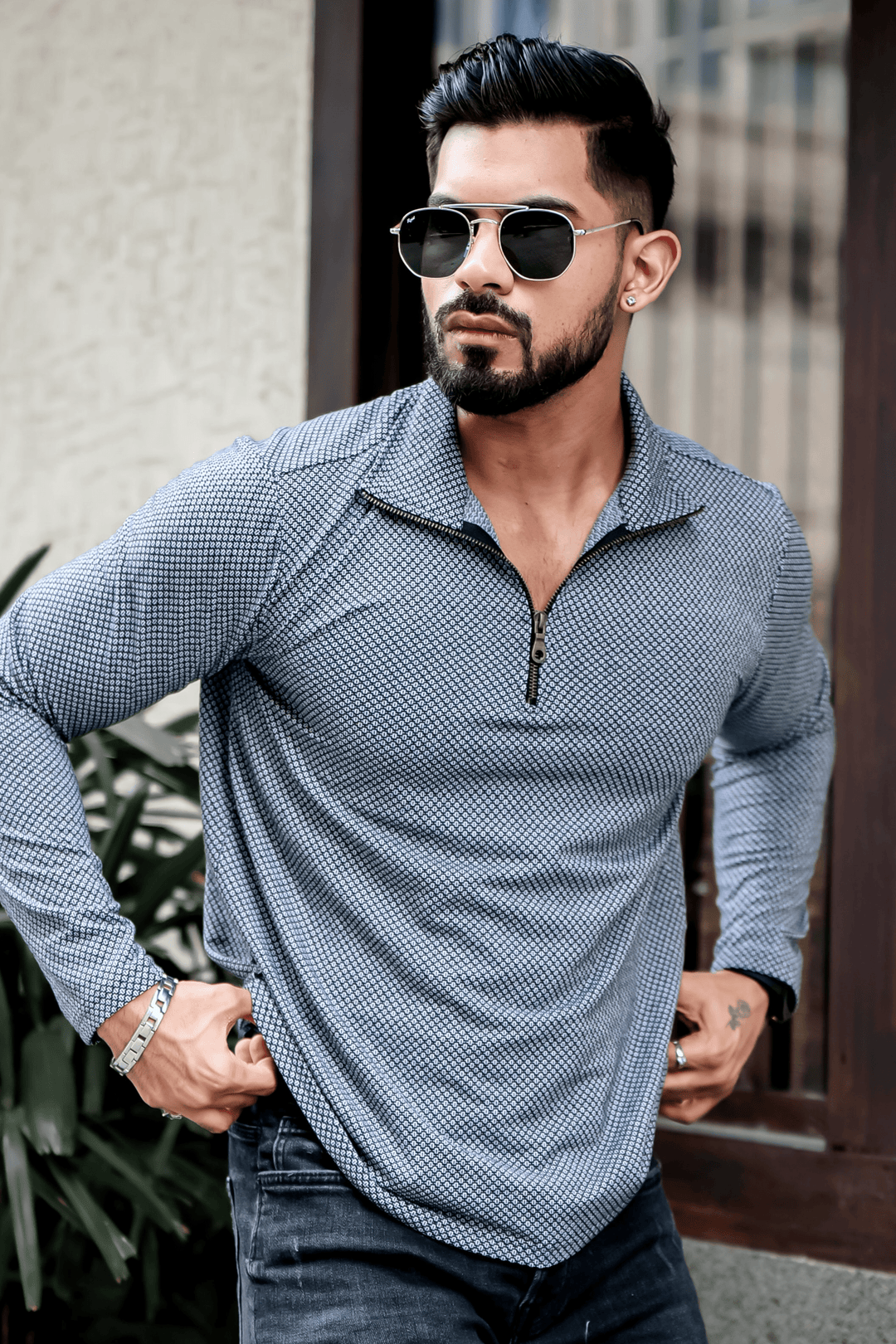 Dark Grey Self Design Zipper T-Shirt