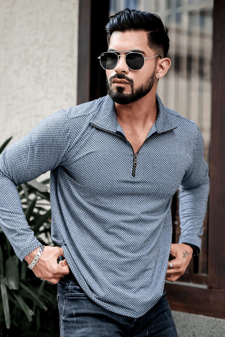 Dark Grey Self Design Zipper T-Shirt