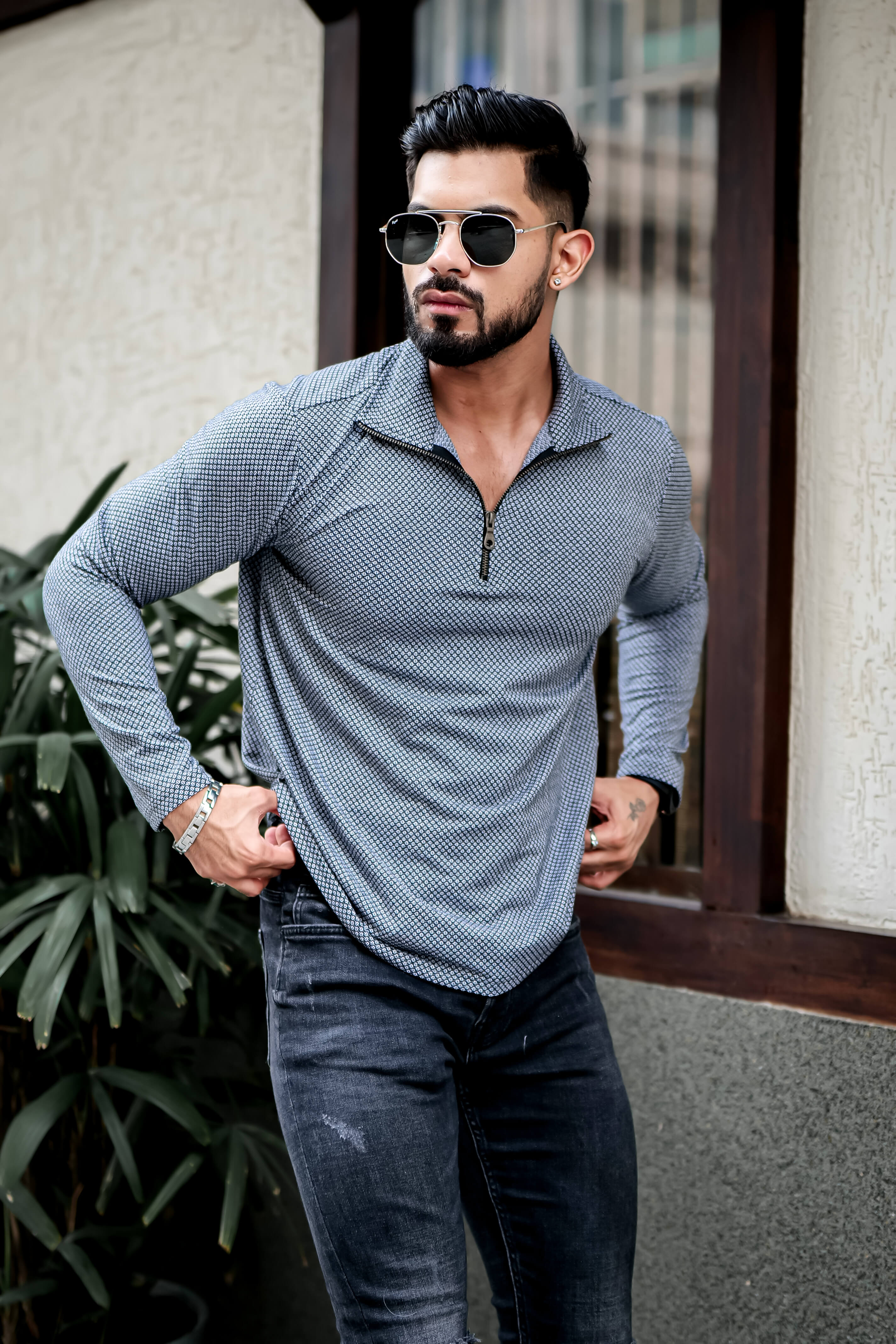 Dark Grey Self Design Zipper T-Shirt