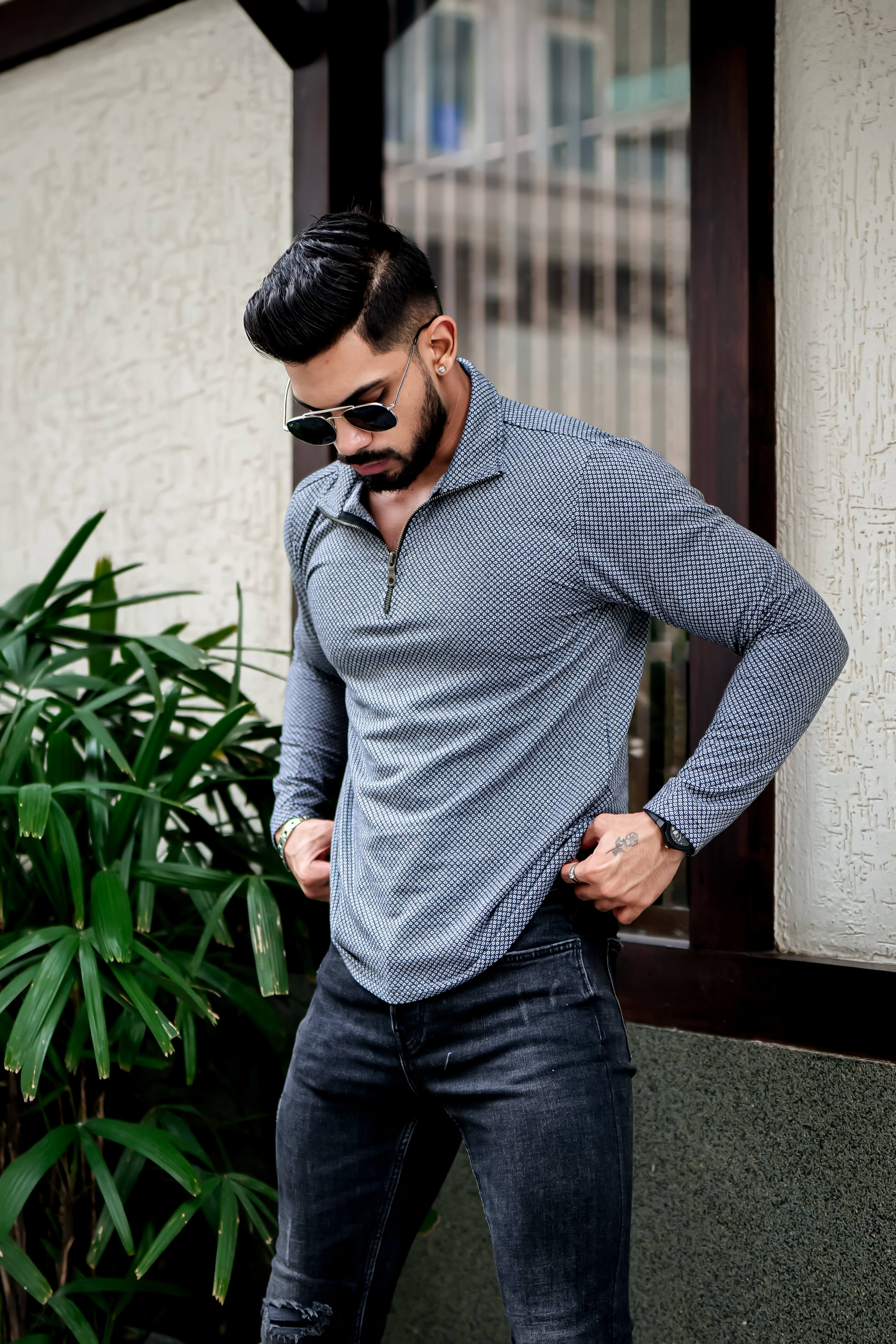 Dark Grey Self Design Zipper T-Shirt
