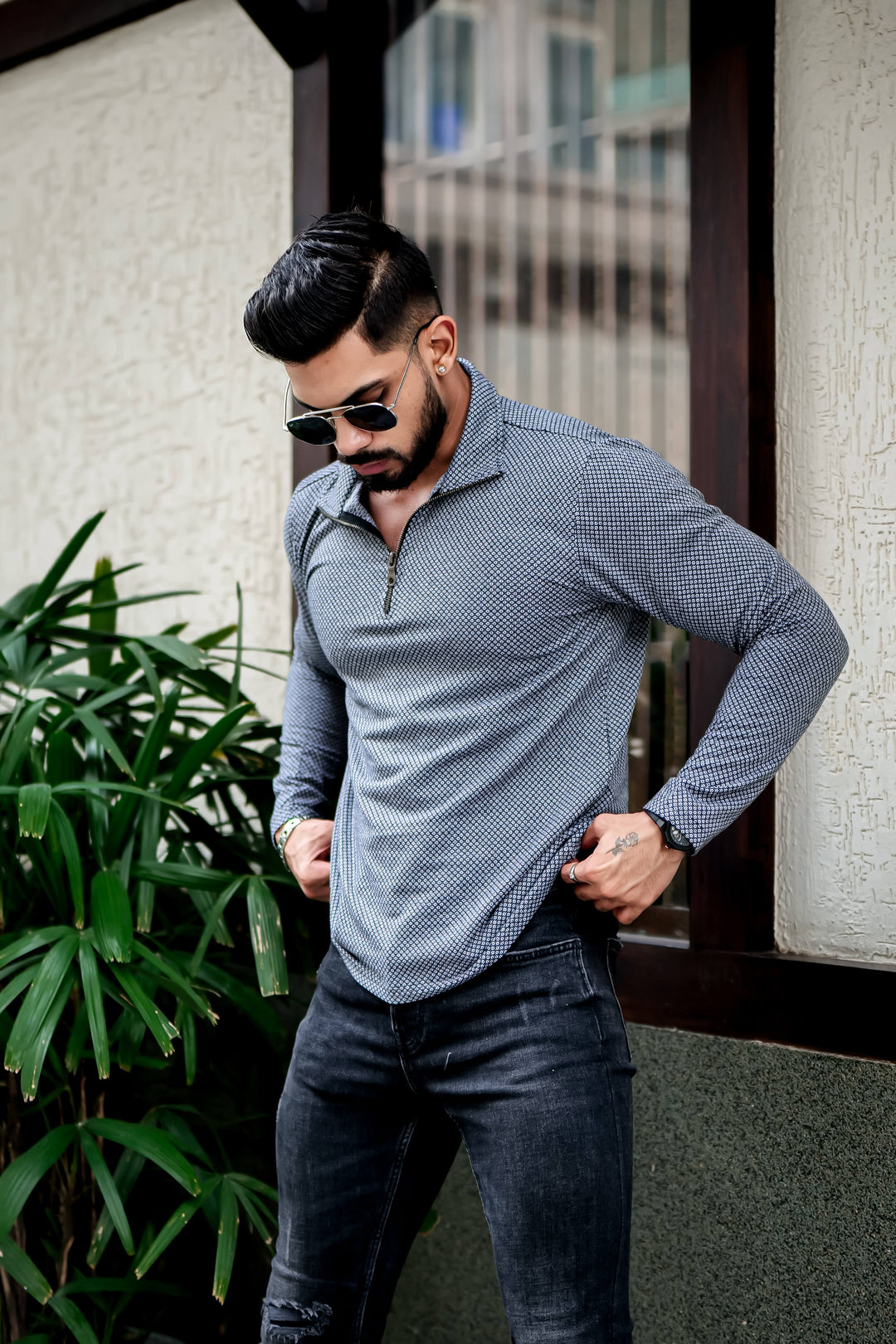 Dark Grey Self Design Zipper T-Shirt