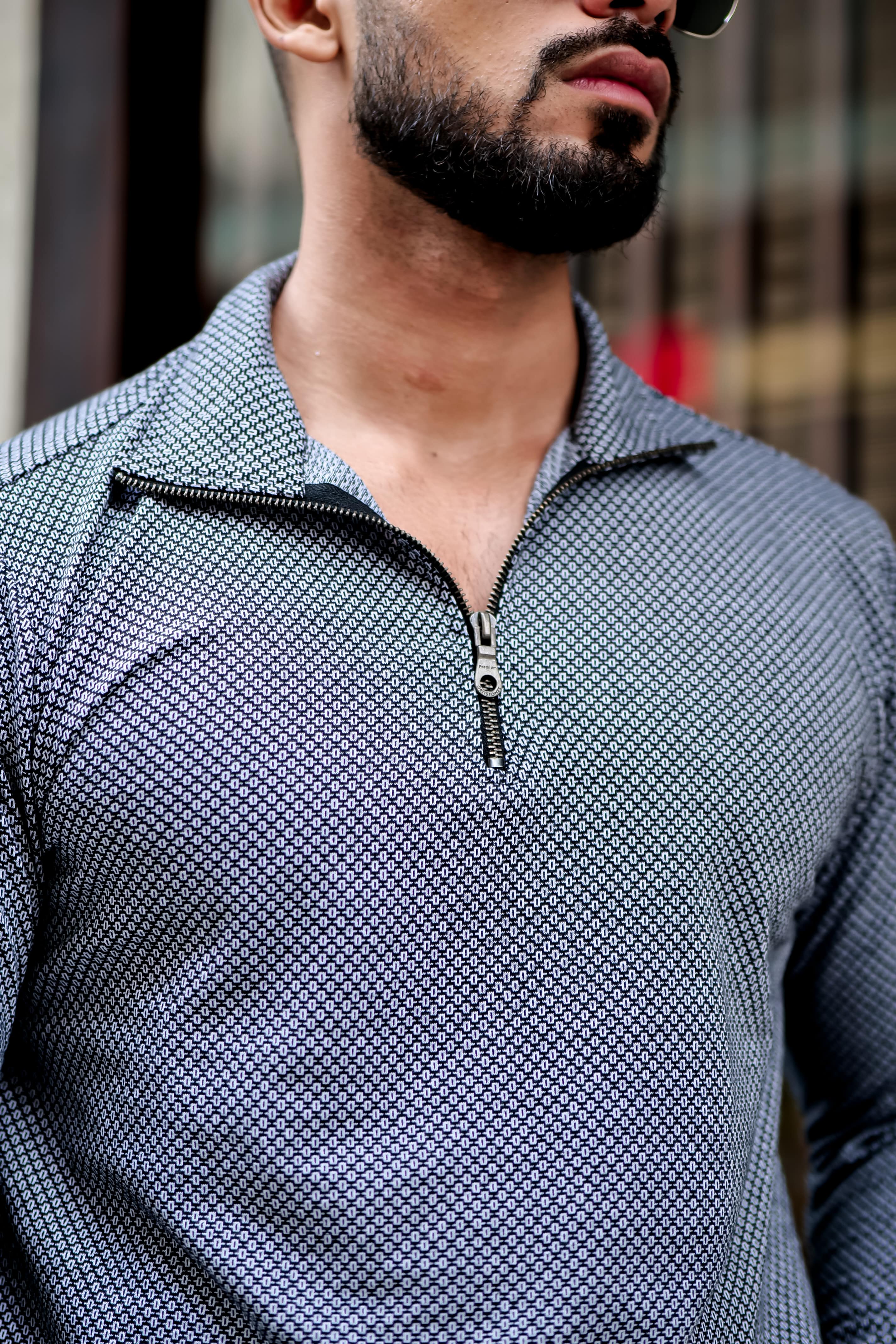 Dark Grey Self Design Zipper T-Shirt