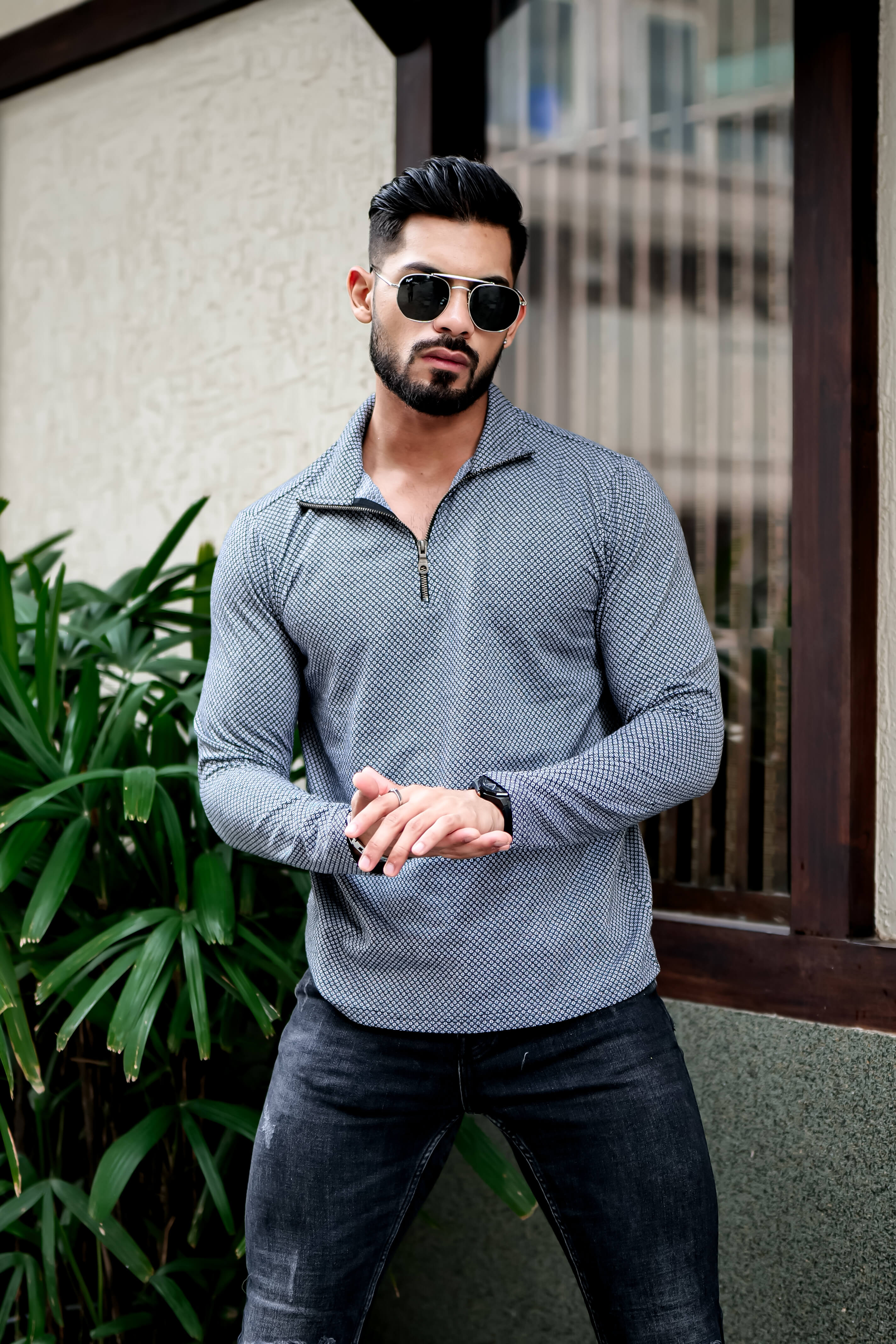 Dark Grey Self Design Zipper T-Shirt
