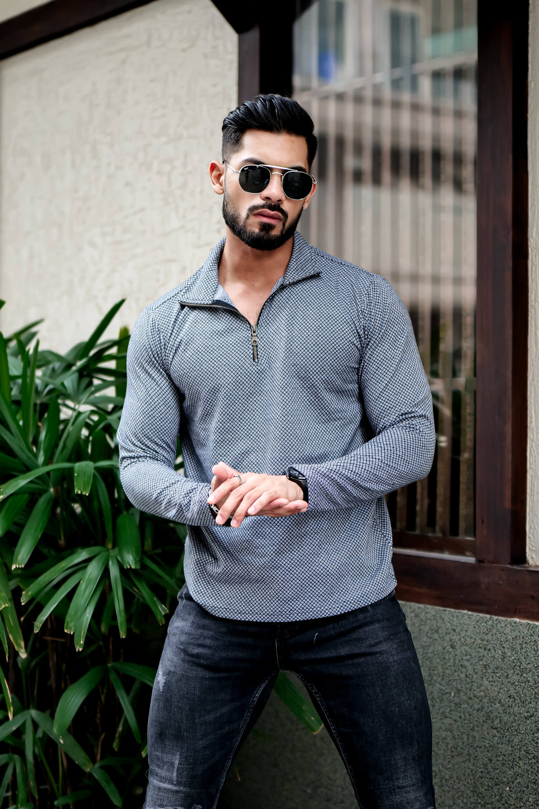 Dark Grey Self Design Zipper T-Shirt