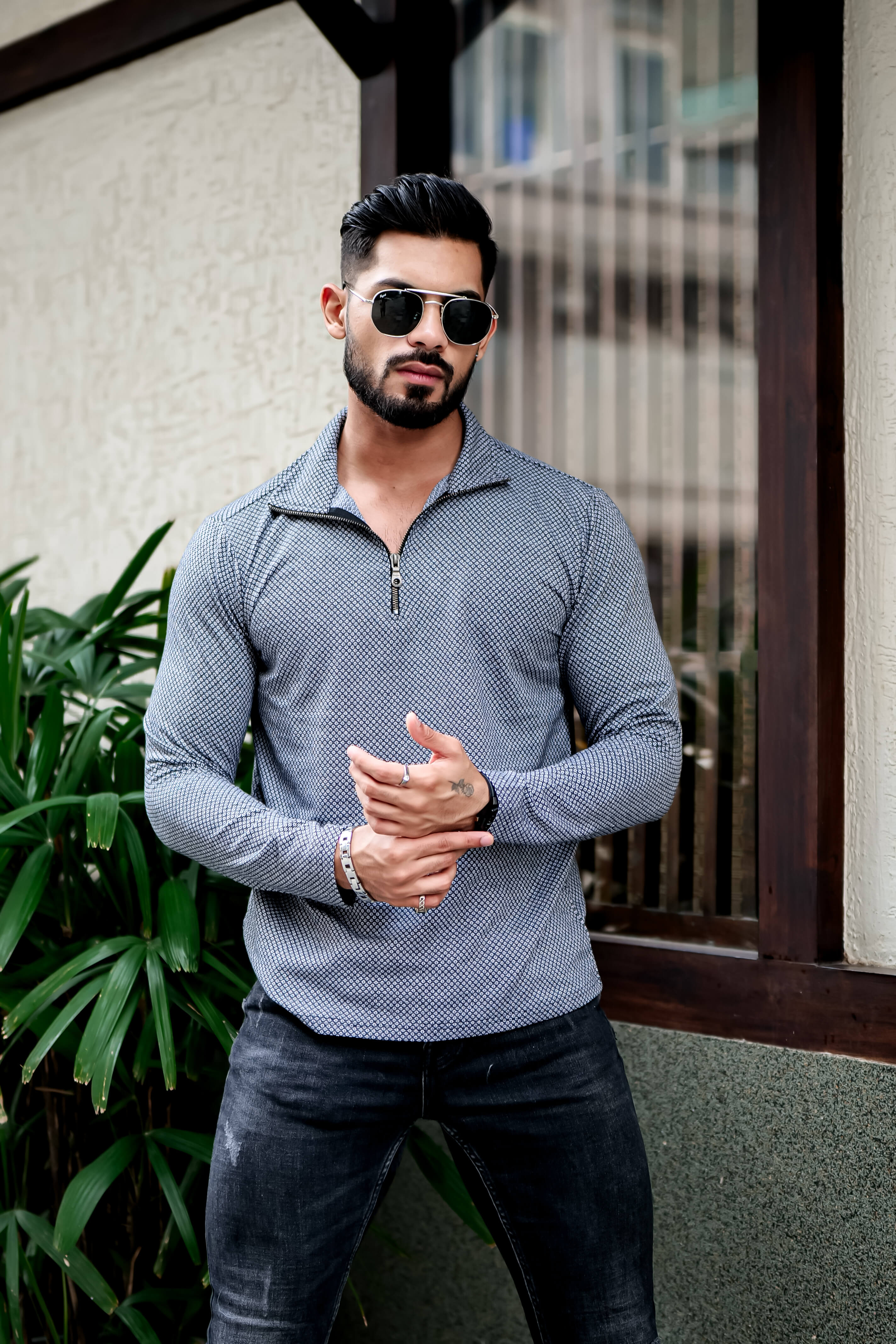 Dark Grey Self Design Zipper T-Shirt