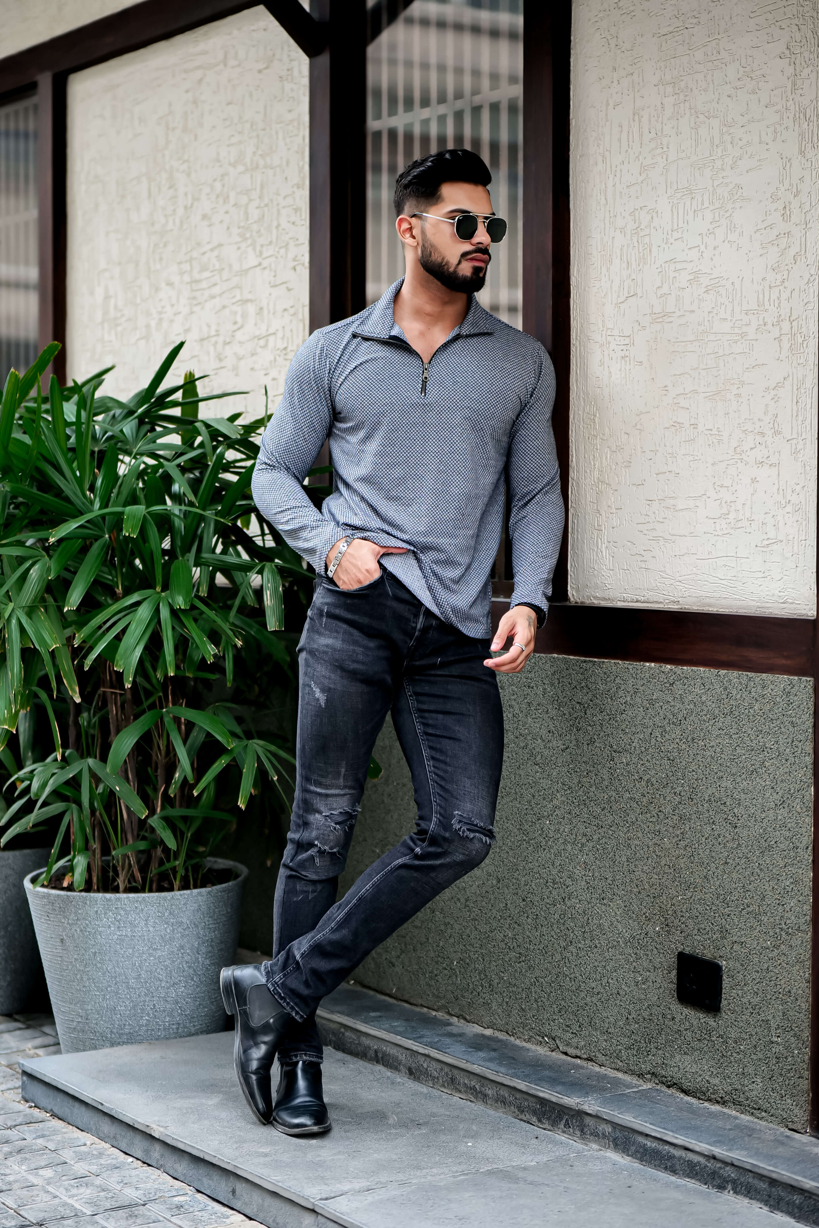 Dark Grey Self Design Zipper T-Shirt