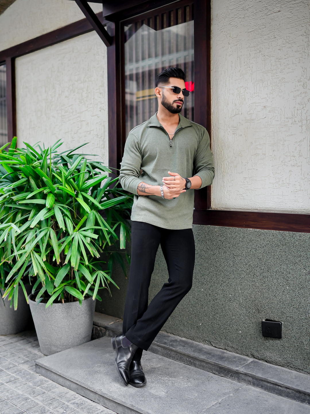 Green Rib Zipper Self Design T-Shirt