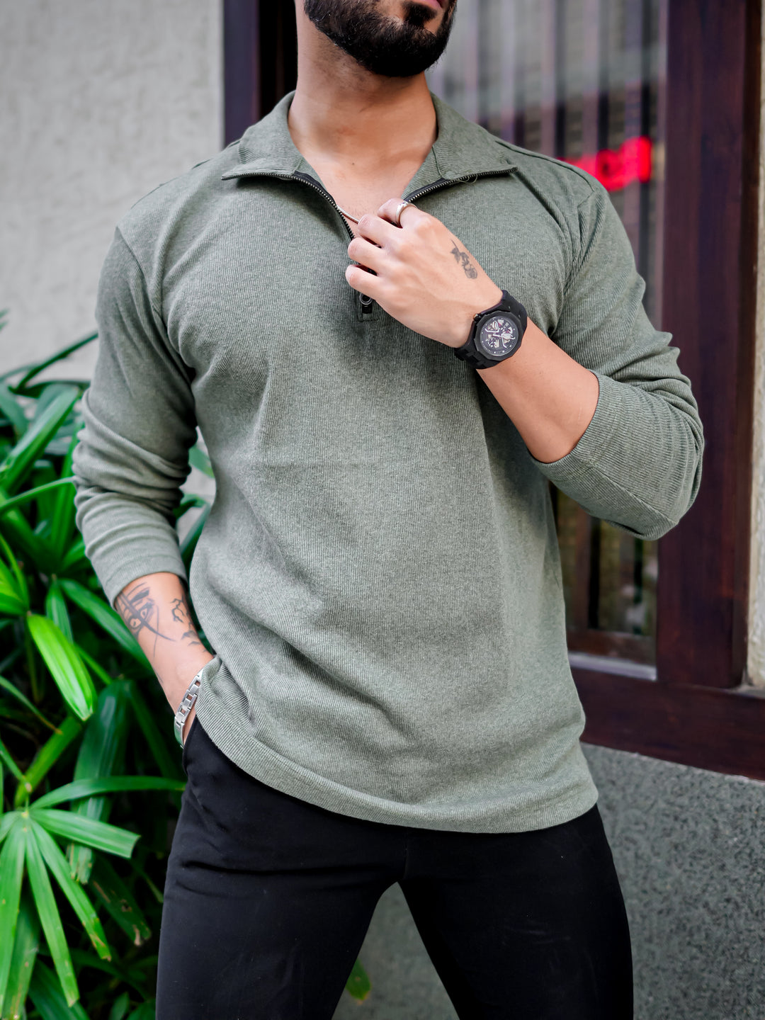 Green Rib Zipper Self Design T-Shirt
