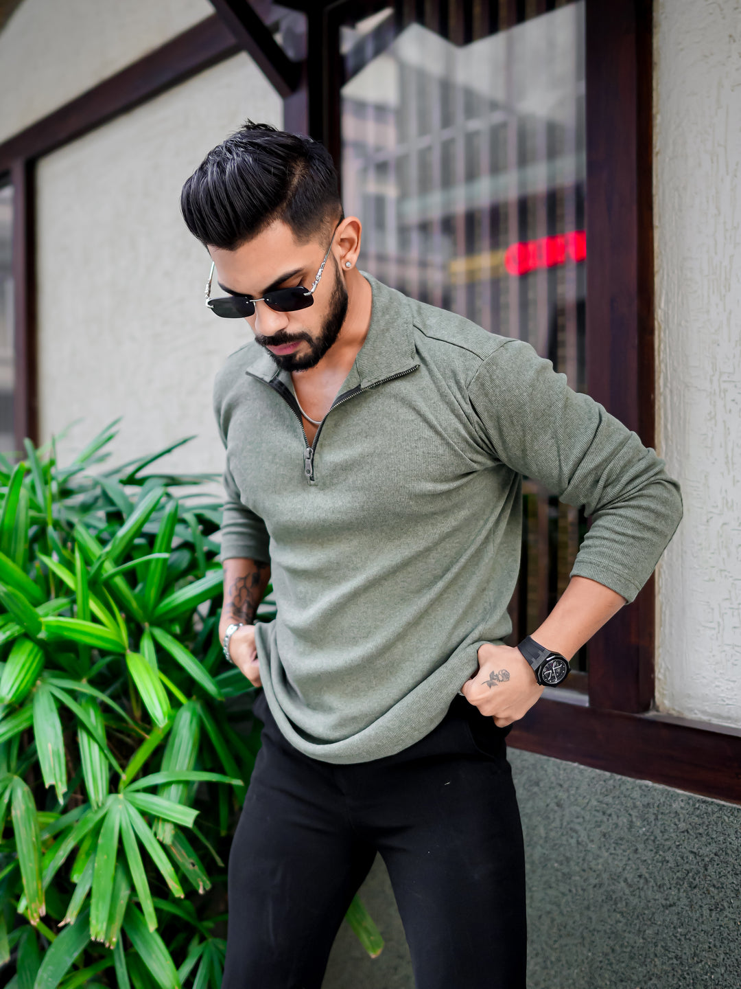 Green Rib Zipper Self Design T-Shirt