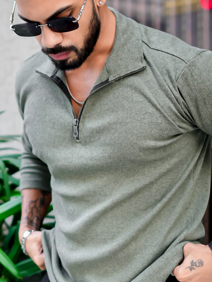 Green Rib Zipper Self Design T-Shirt