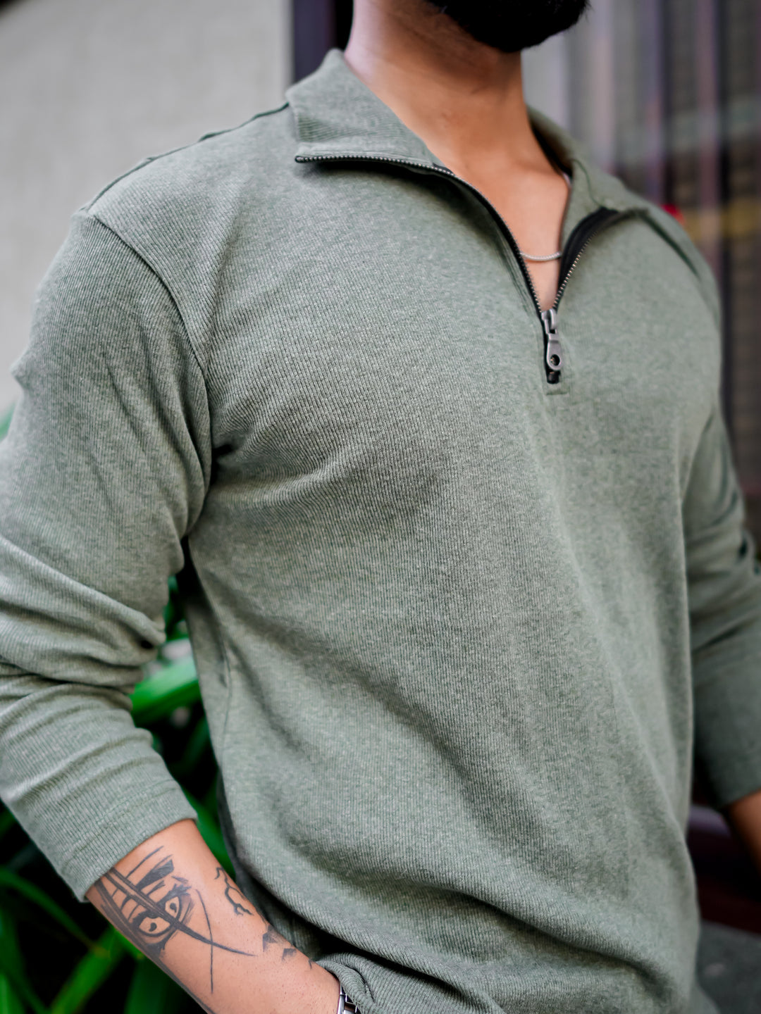 Green Rib Zipper Self Design T-Shirt