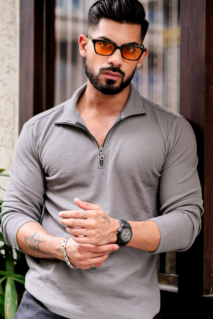 Grey Waffle Self Design Zipper T-Shirt