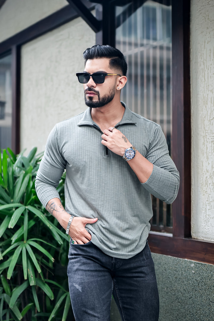 Light Green Self Design Zipper Neck T-Shirt