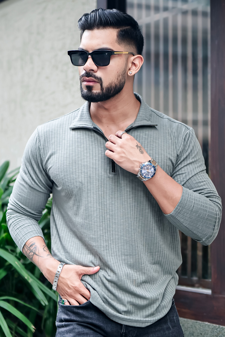 Light Green Self Design Zipper Neck T-Shirt