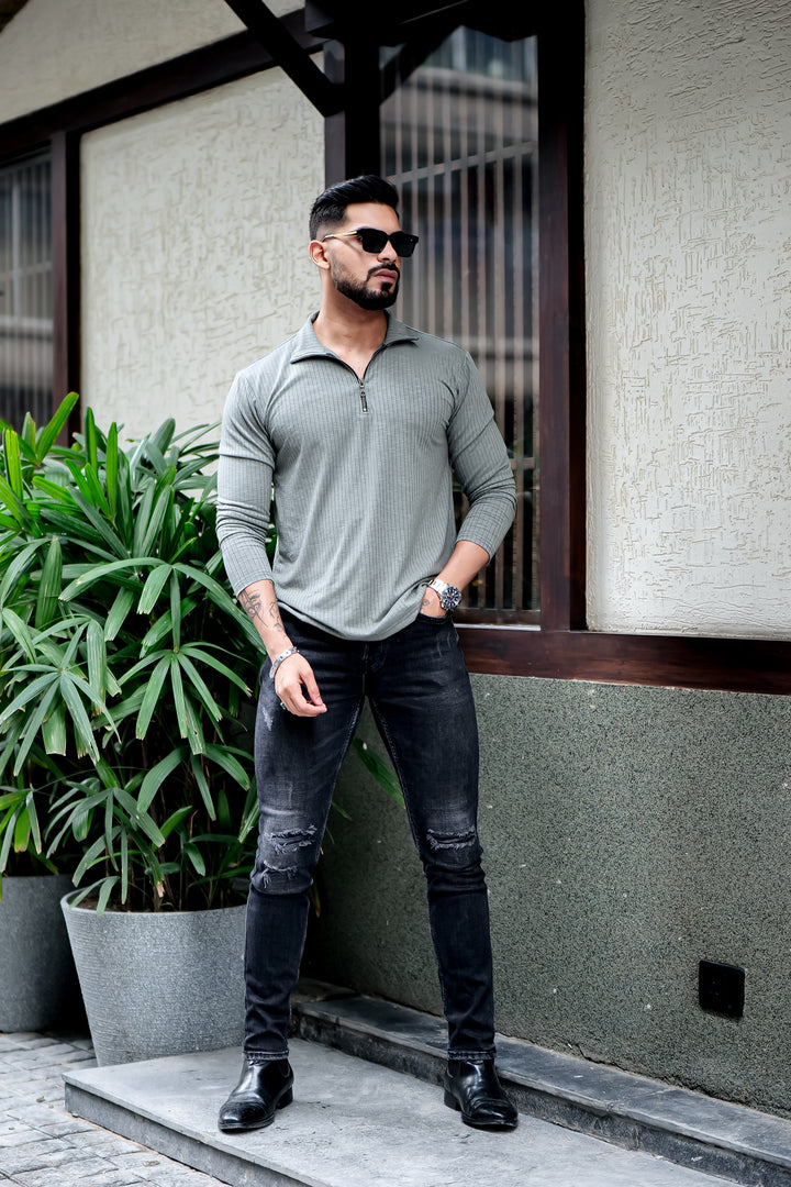 Light Green Self Design Zipper Neck T-Shirt