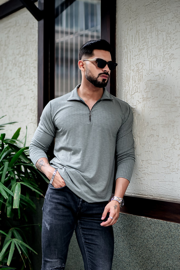 Light Green Self Design Zipper Neck T-Shirt
