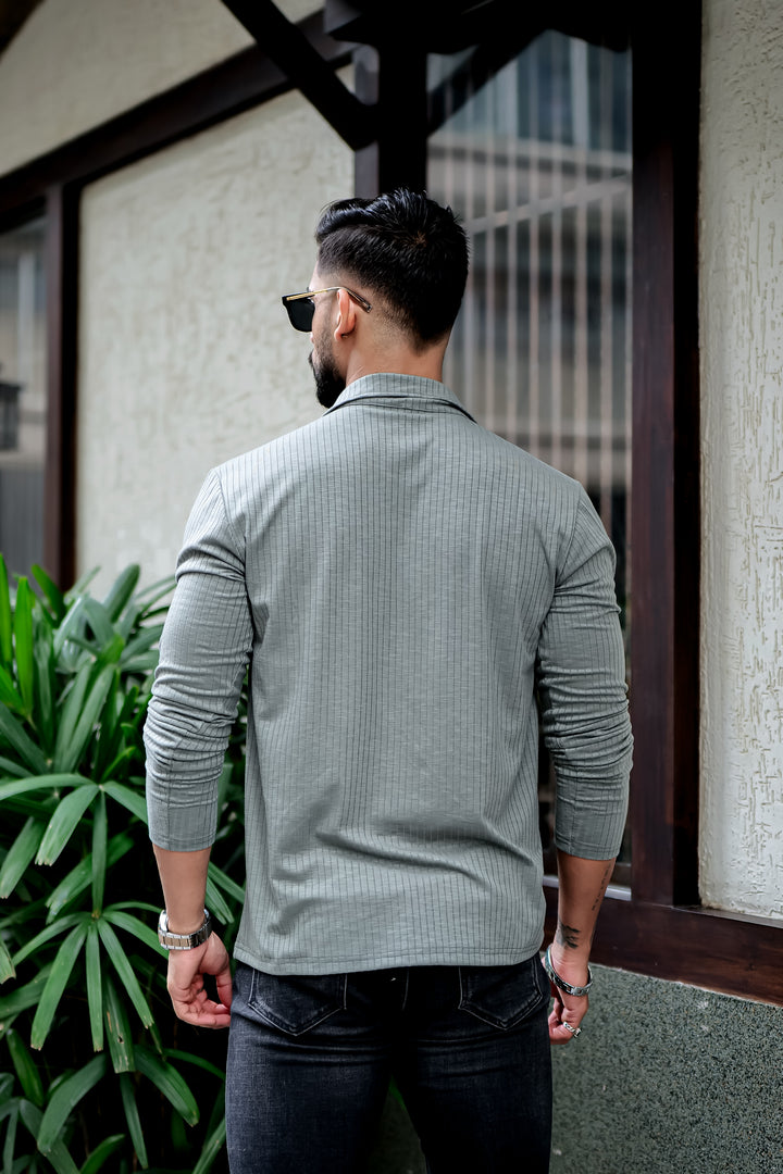 Light Green Self Design Zipper Neck T-Shirt