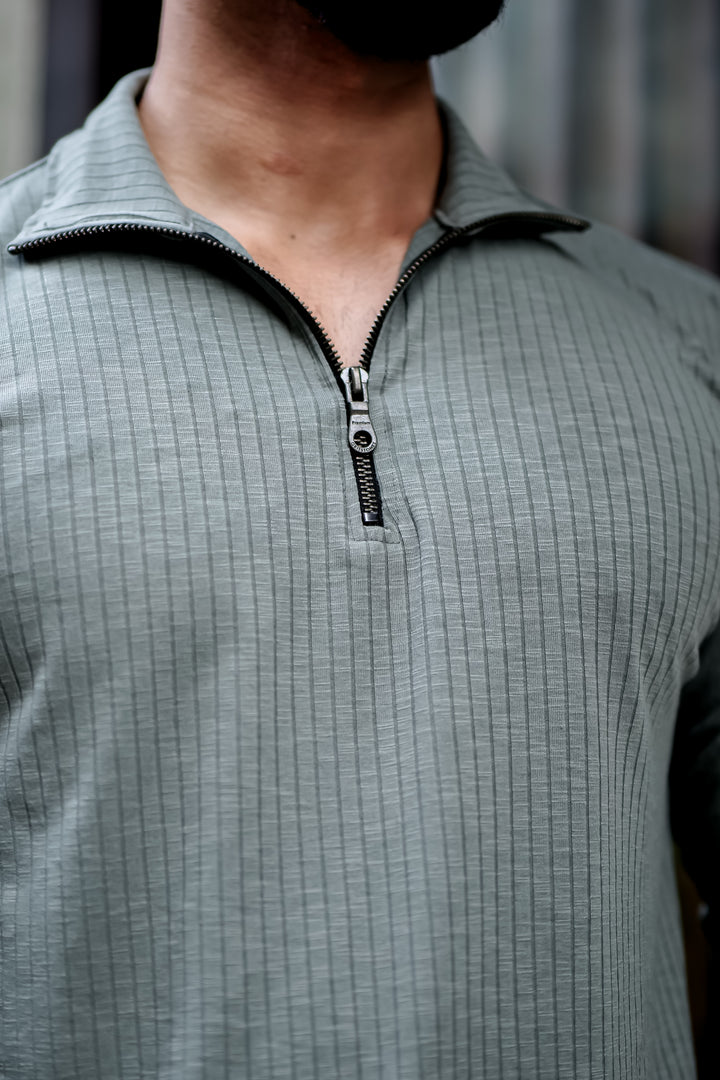 Light Green Self Design Zipper Neck T-Shirt