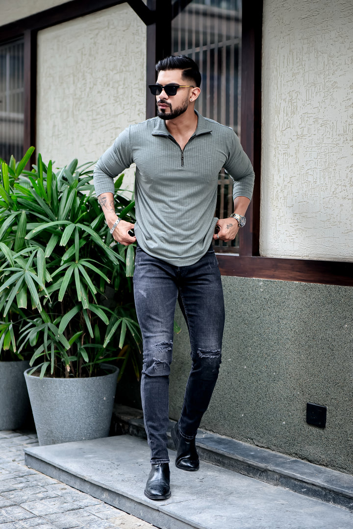 Light Green Self Design Zipper Neck T-Shirt