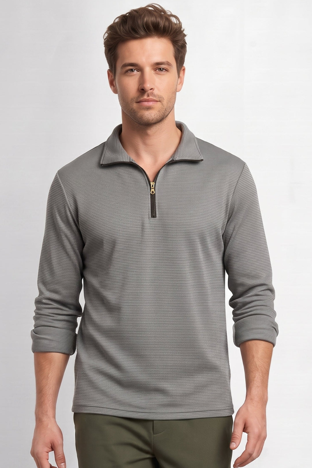 Grey Men Textured Half-Zip T-Shirt