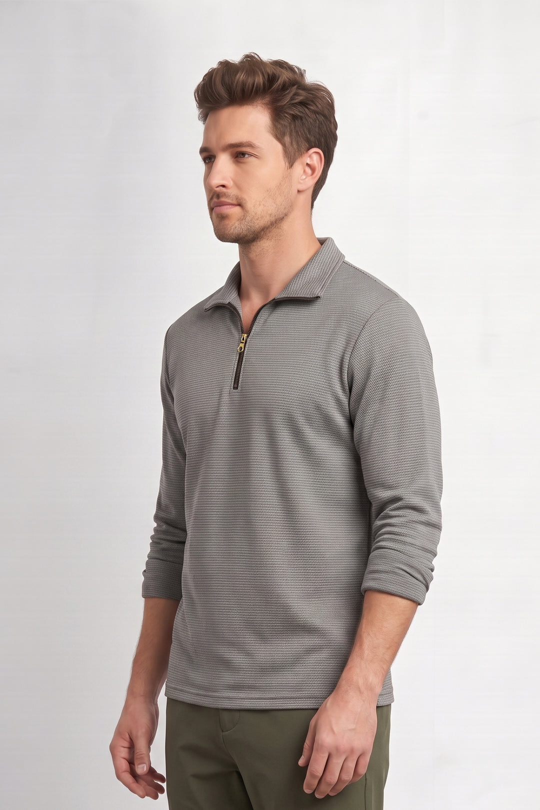 Grey Men Textured Half-Zip T-Shirt