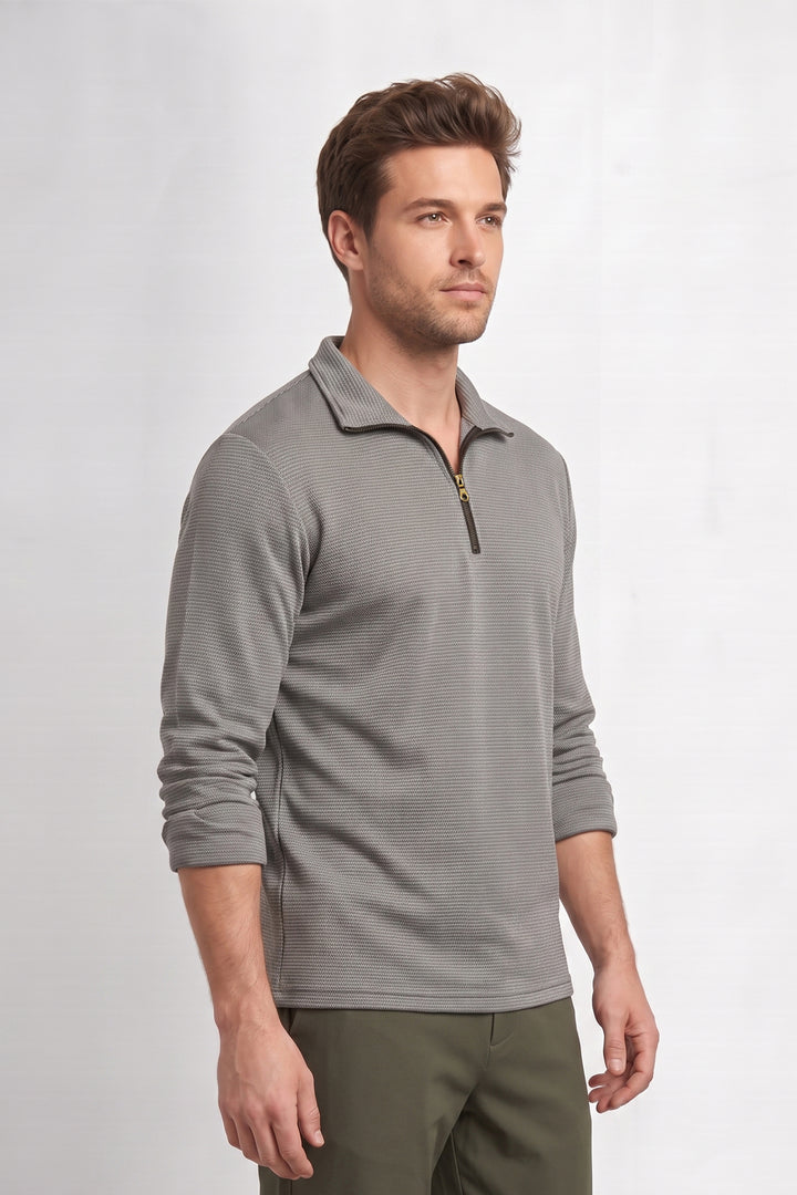 Grey Men Textured Half-Zip T-Shirt
