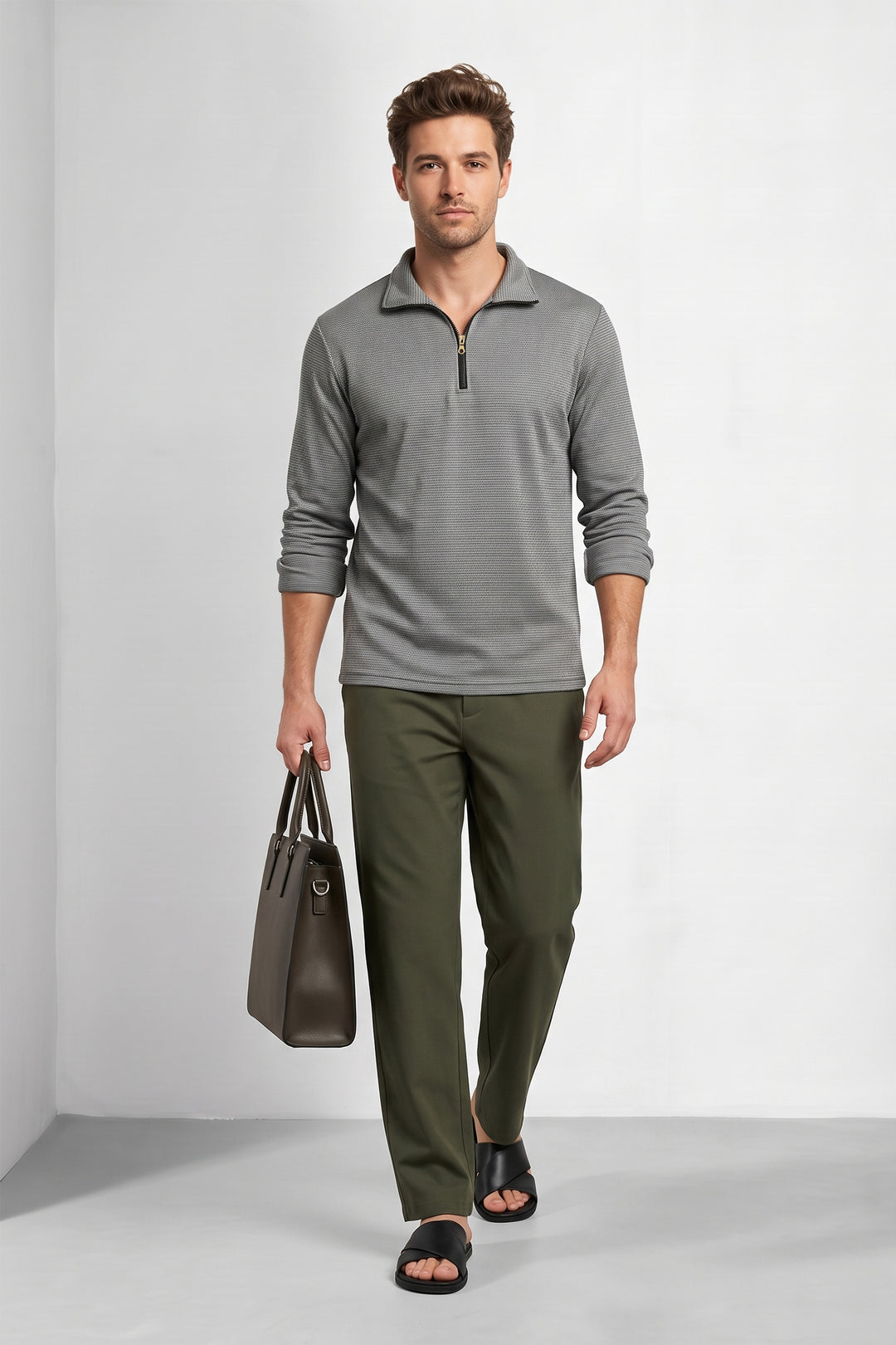 Grey Men Textured Half-Zip T-Shirt