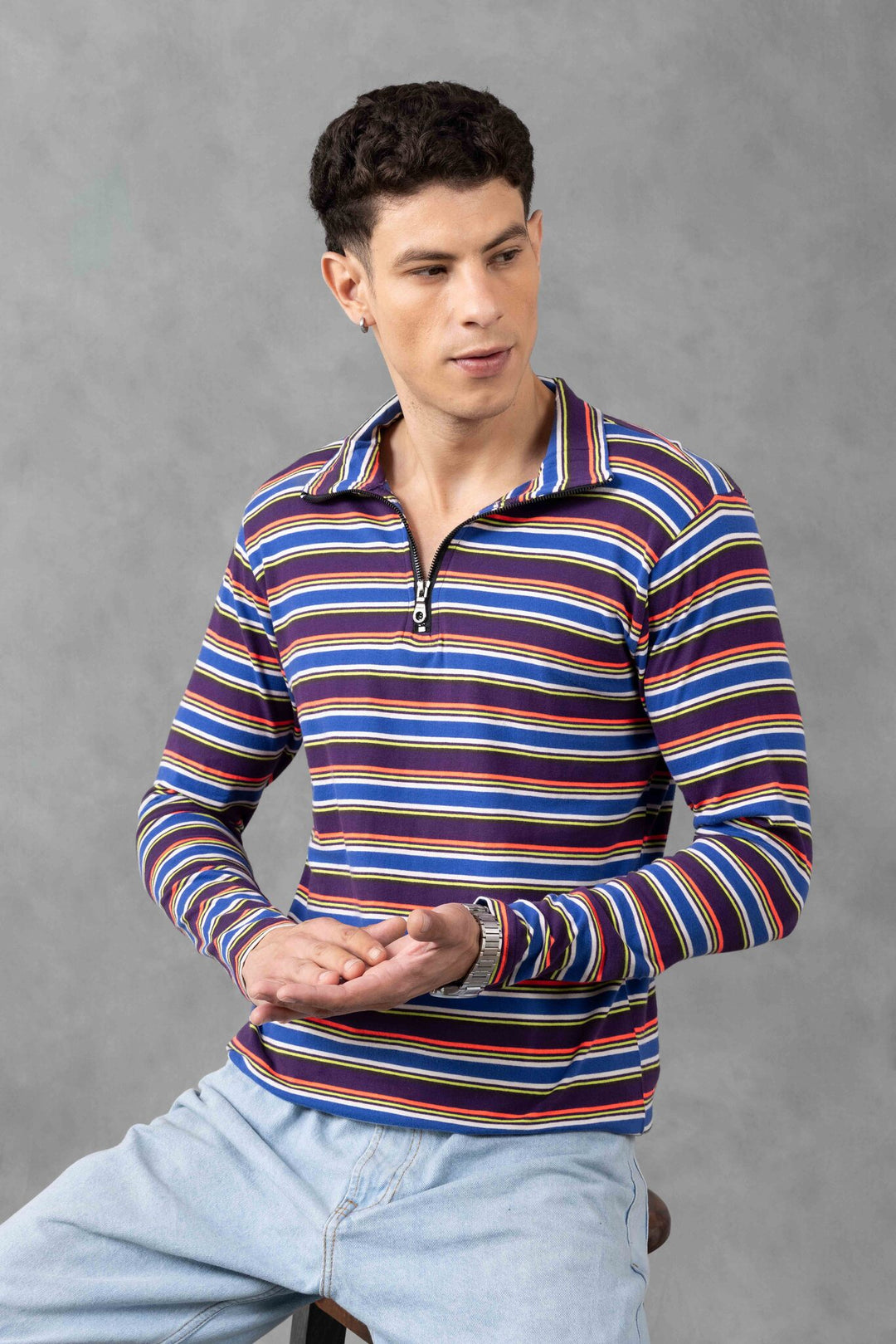 Multi Full Sleeve Self Design Zipper T-Shirt
