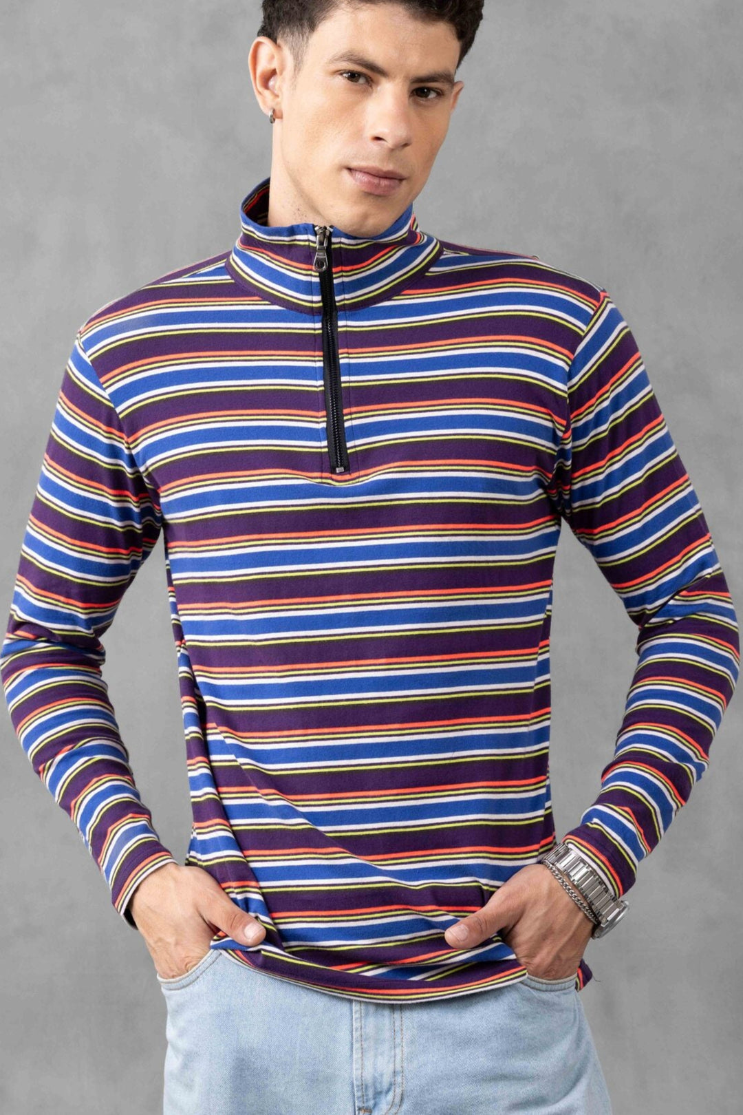 Multi Full Sleeve Self Design Zipper T-Shirt